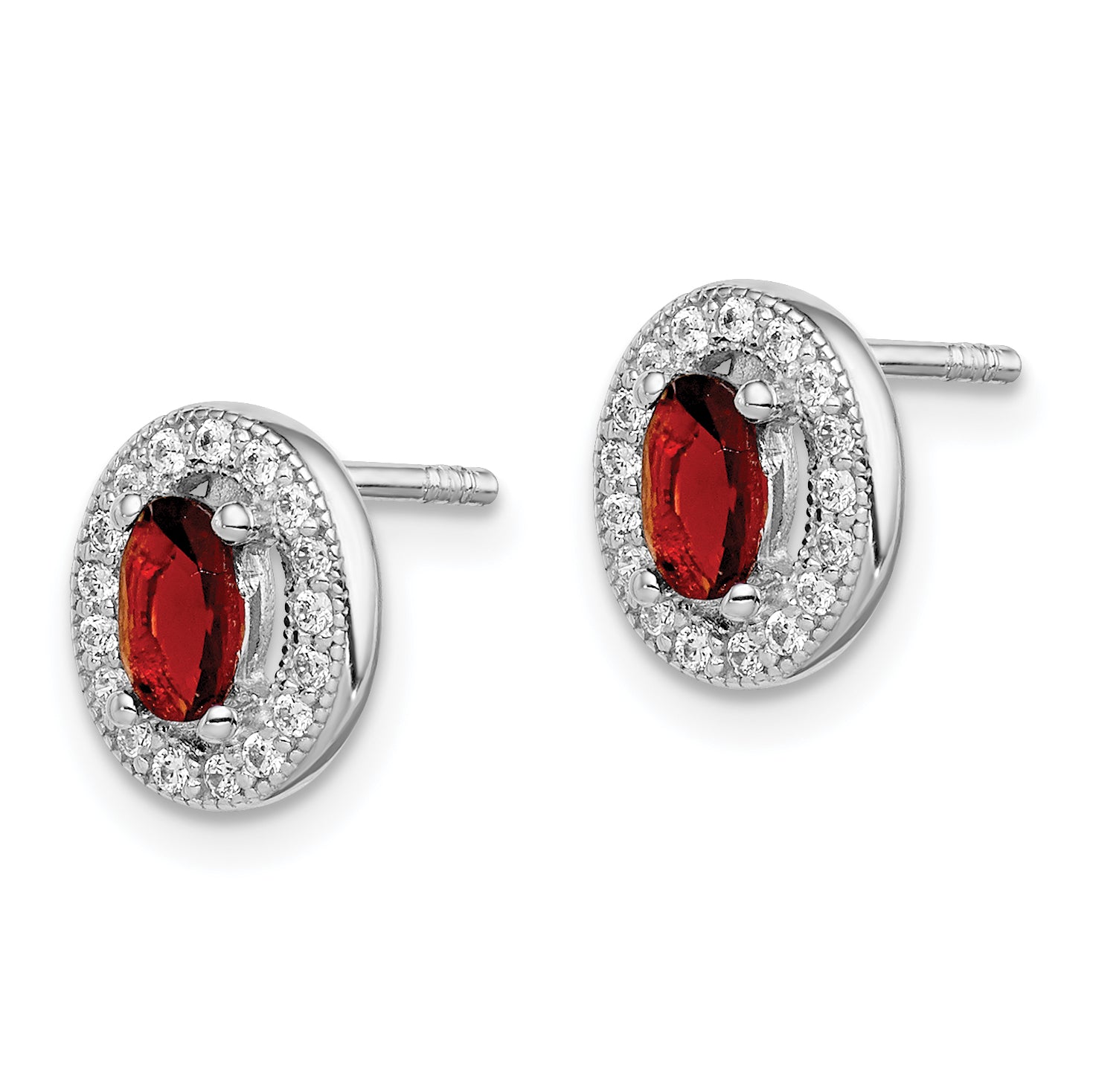 Sterling Silver Rhod Polished January Red and White CZ Oval Earrings Secondary image