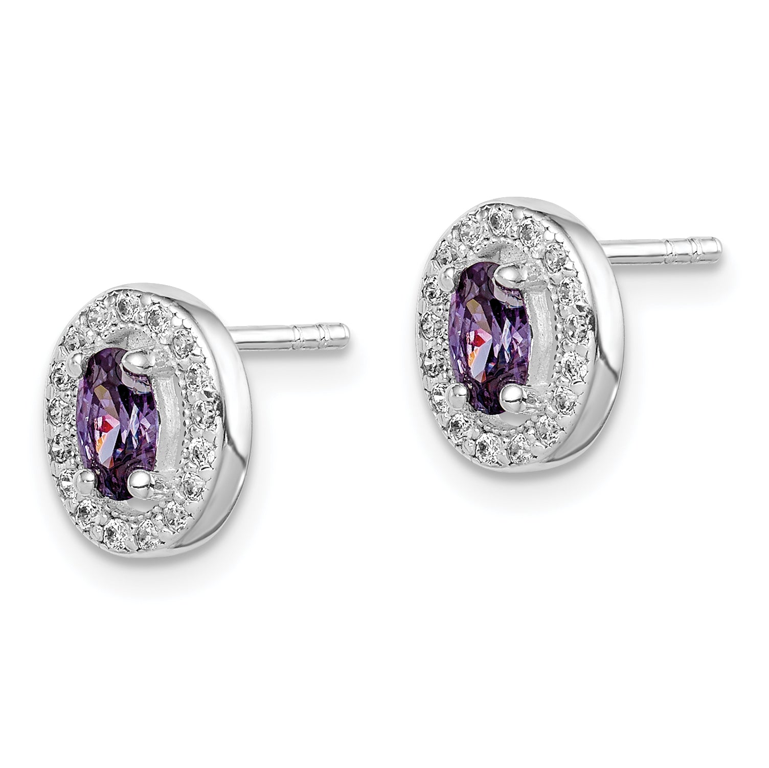 Sterling Silver Rhod-plated w/ Purple and White CZ Oval Stud Earrings Secondary image