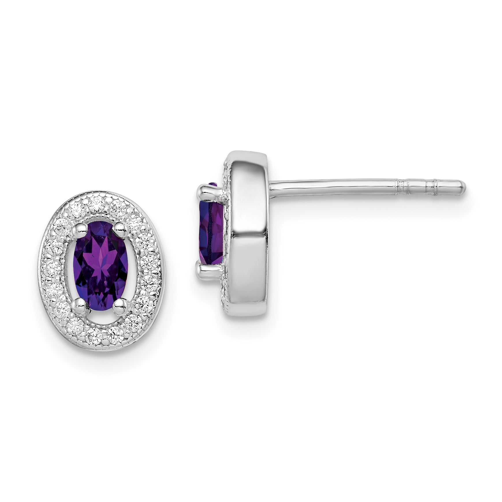 Sterling Silver Rhod-plated w/ Purple and White CZ Oval Stud Earrings Main image
