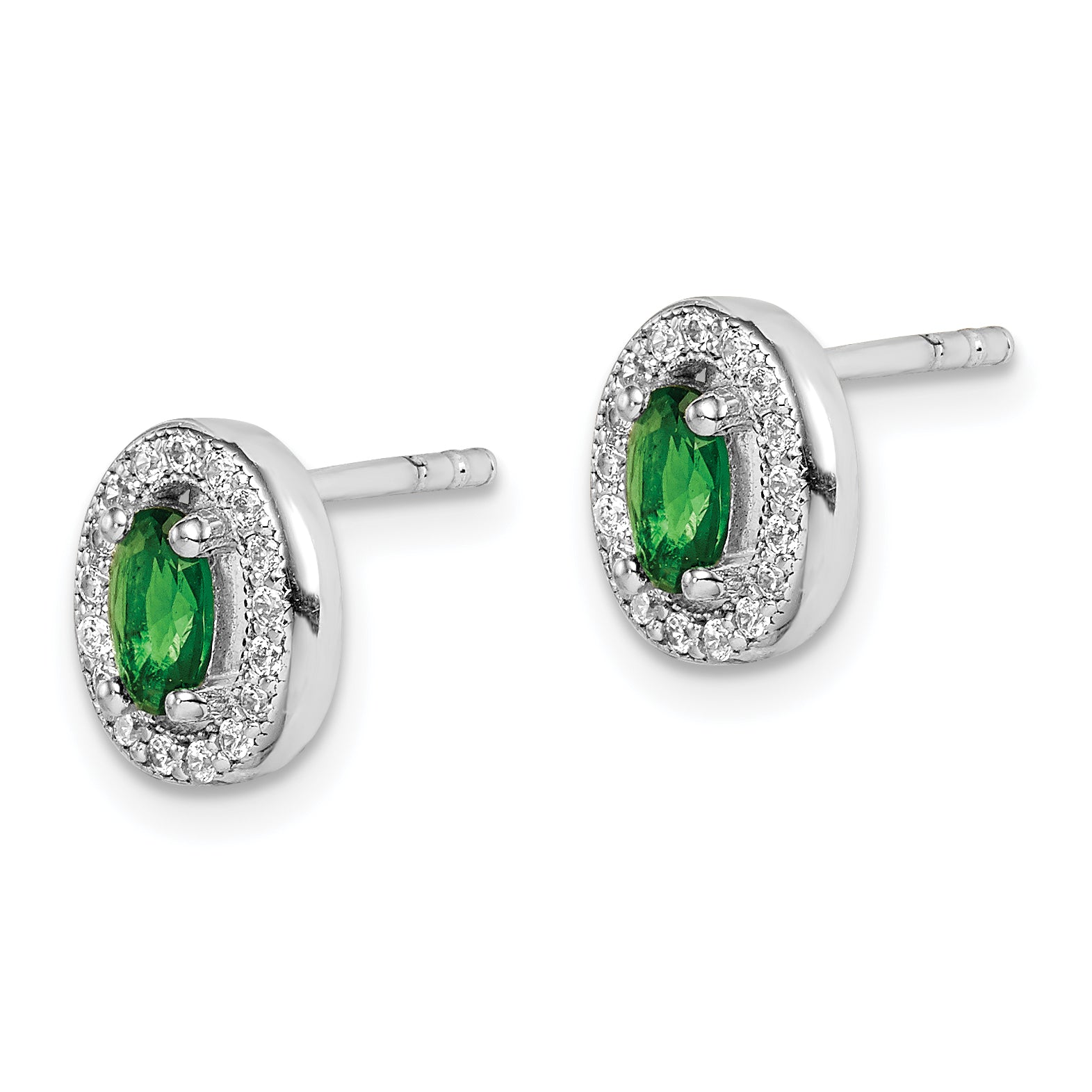 Sterling Silver Rhod-plated w/ Green and White CZ Oval Stud Earrings Secondary image