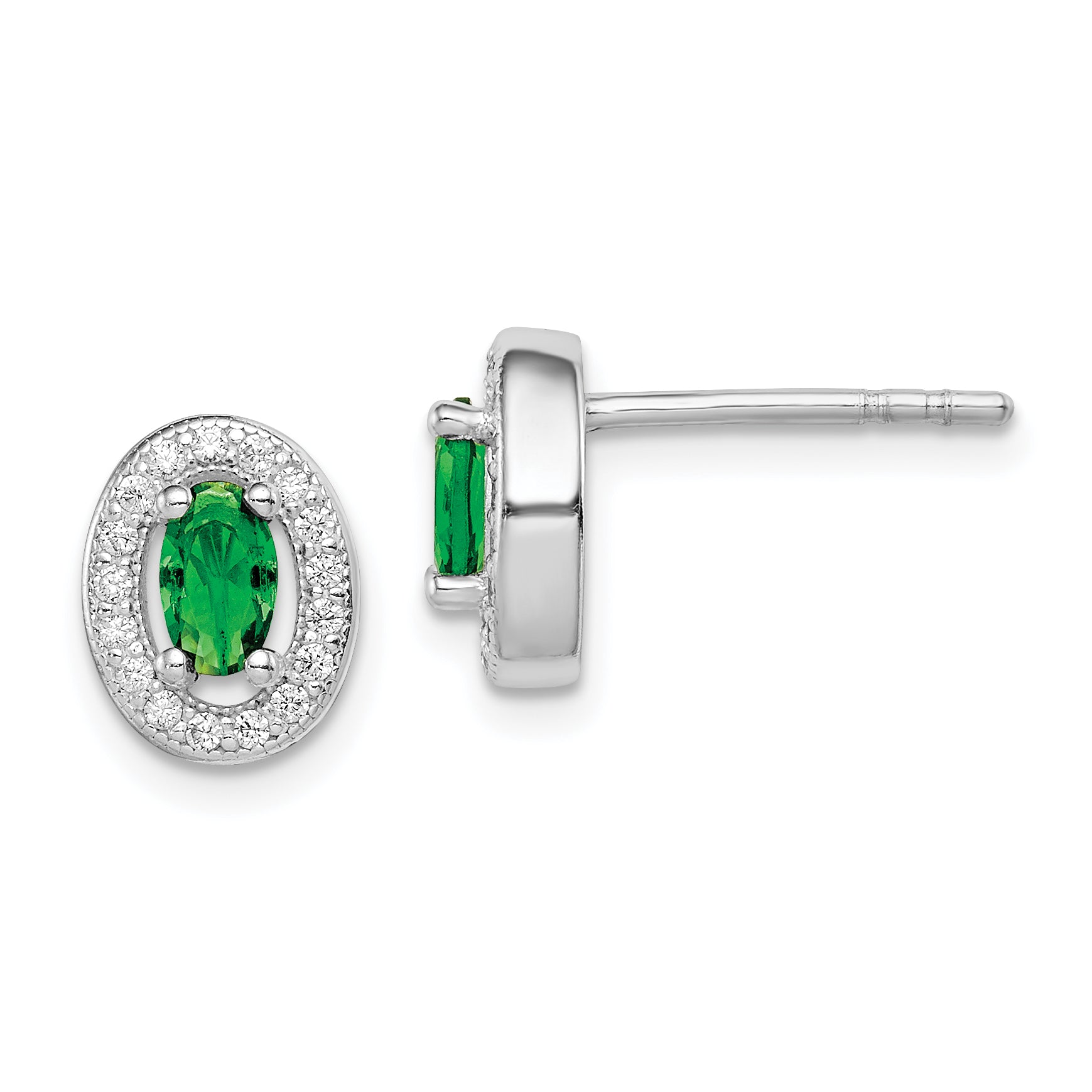 Sterling Silver Rhod-plated w/ Green and White CZ Oval Stud Earrings Main image