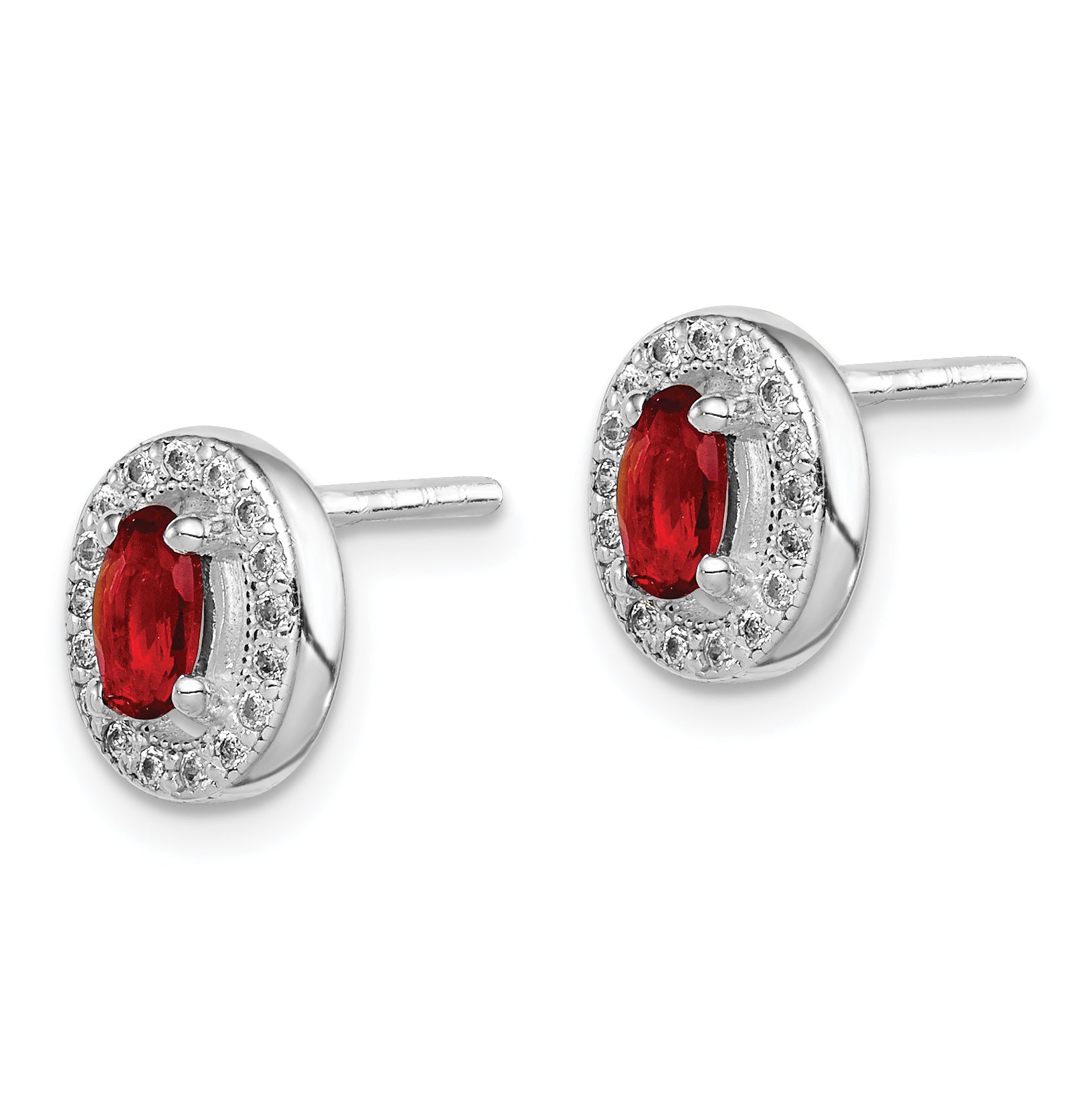 Sterling Silver Rhod-plated Red and White CZ Oval Stud Earrings Secondary image