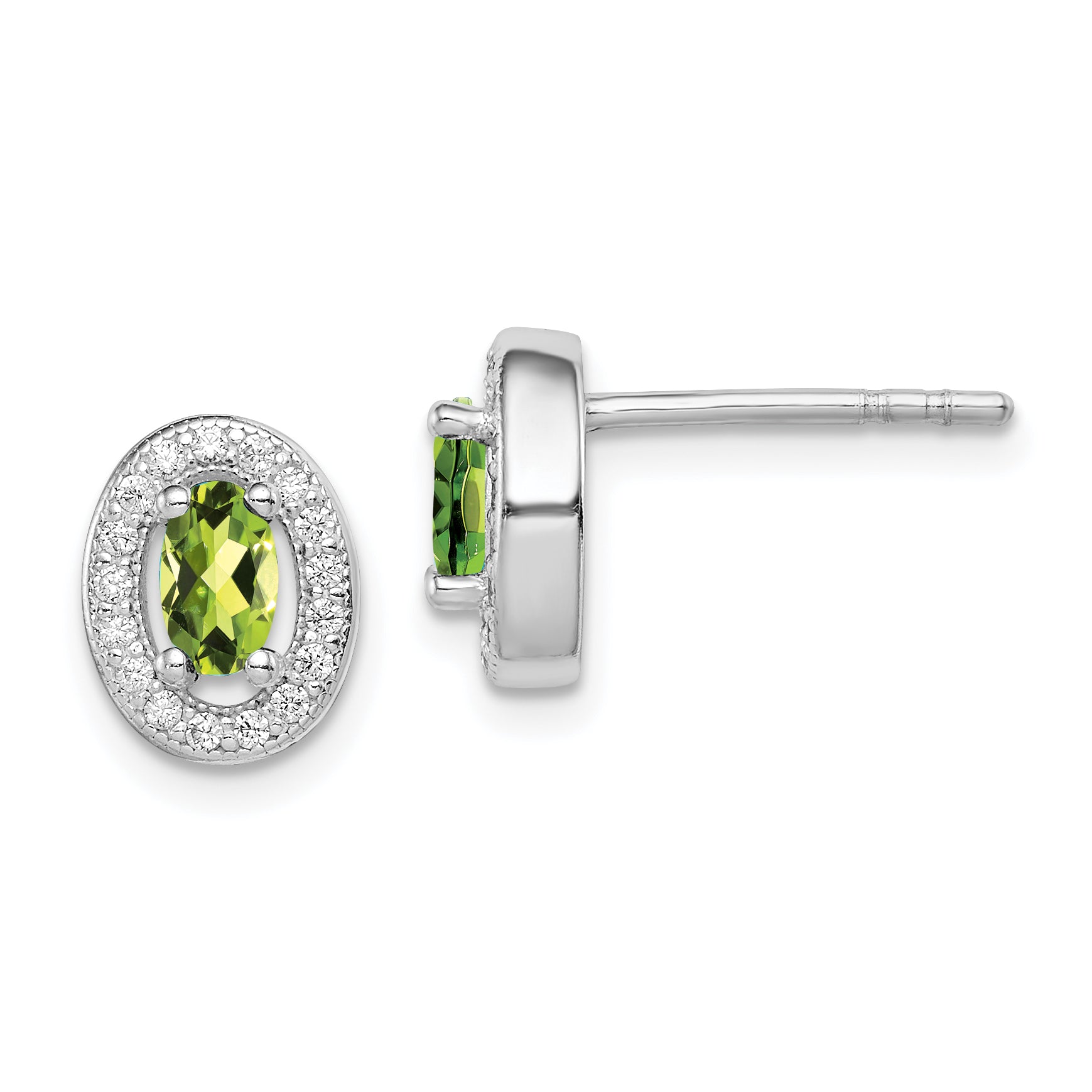 Sterling Silver Rhod-plated Light Green and White CZ Oval Stud Earrings Main image