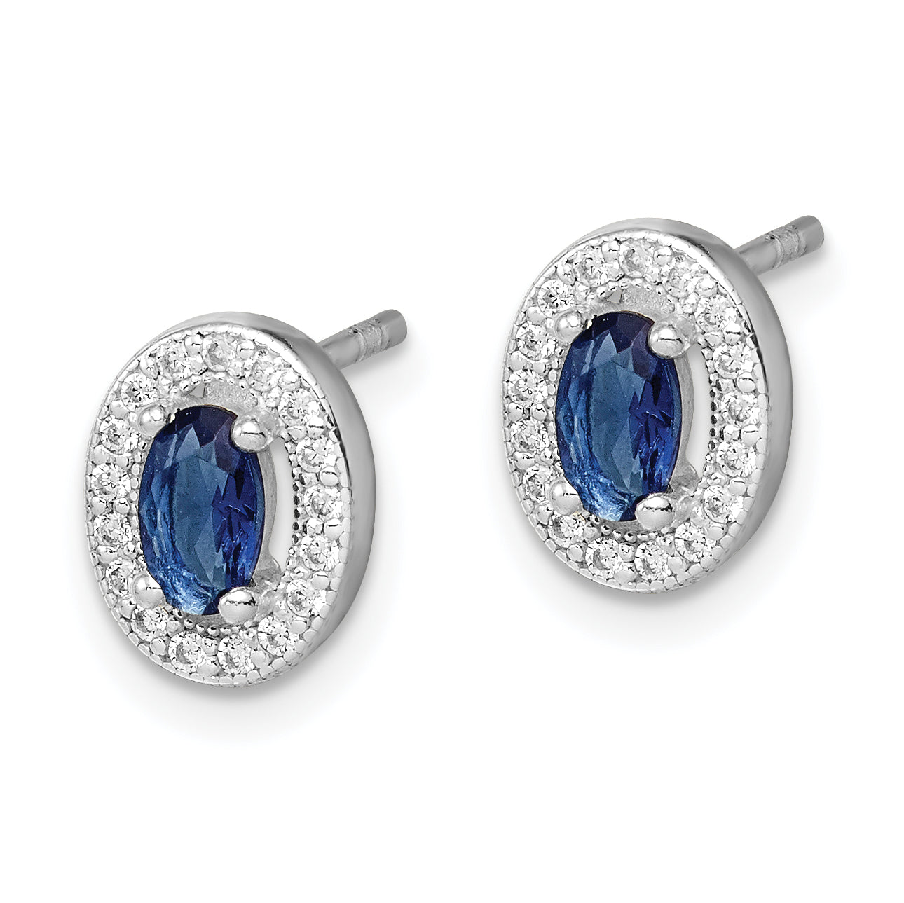 Sterling Silver Rhod-plated Blue and White CZ Oval Stud Earrings Secondary image