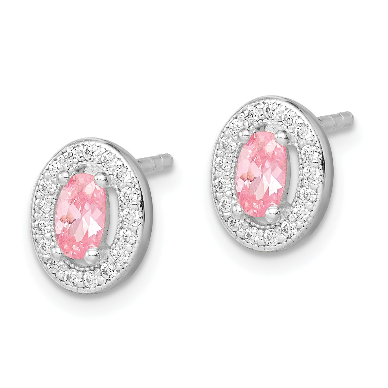 Sterling Silver Rhod-plated Pink and White CZ Oval Stud Earrings Secondary image
