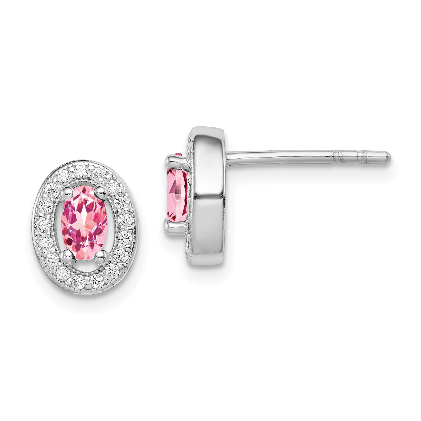 Sterling Silver Rhod-plated Pink and White CZ Oval Stud Earrings Main image