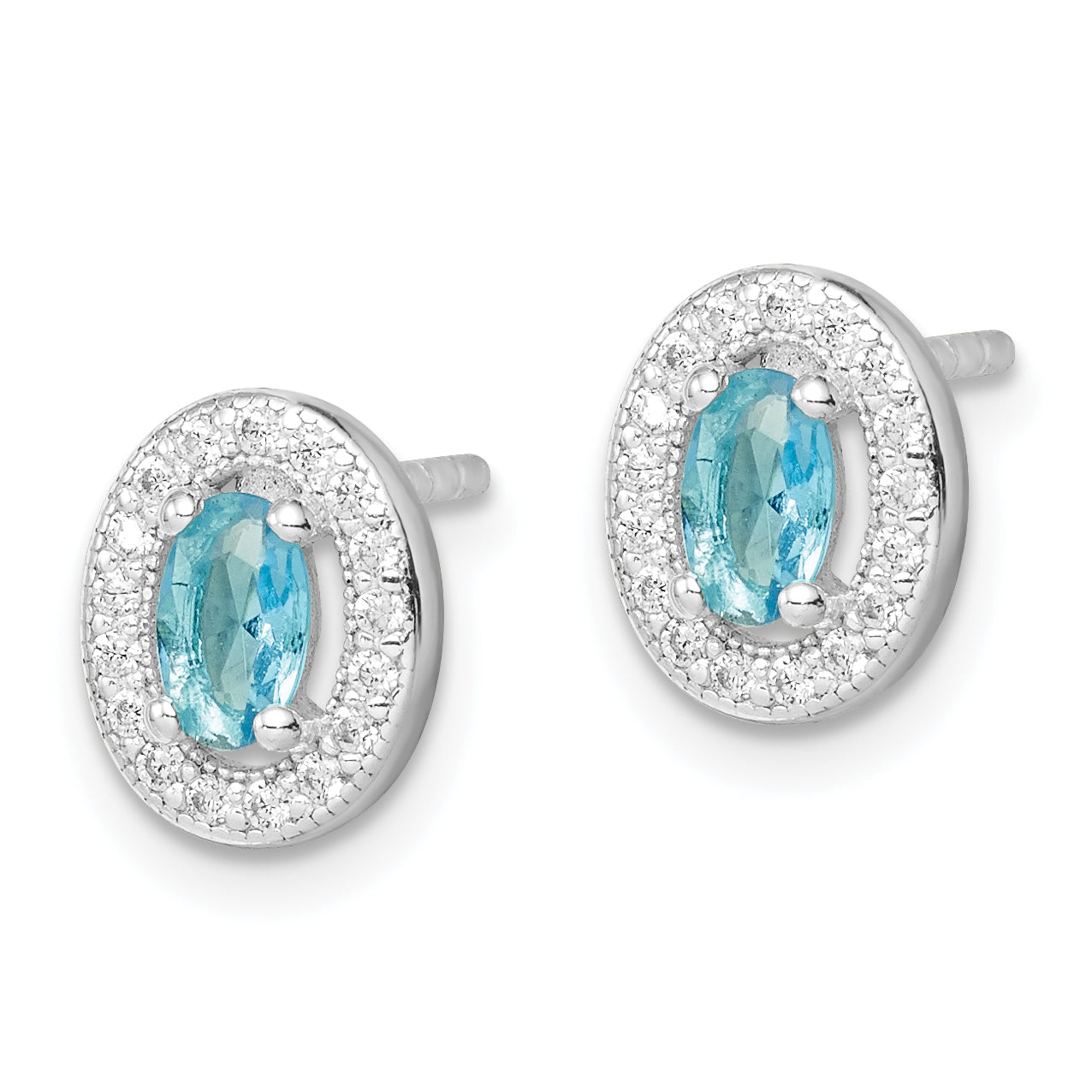 Sterling Silver Rhod-plated Blue and White CZ Oval Stud Earrings Secondary image