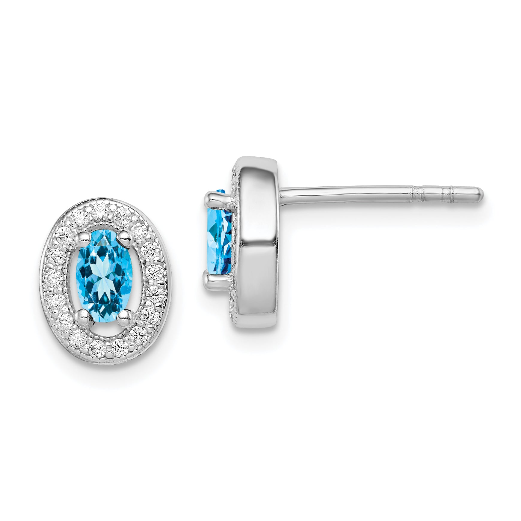 Sterling Silver Rhod-plated Blue and White CZ Oval Stud Earrings Main image