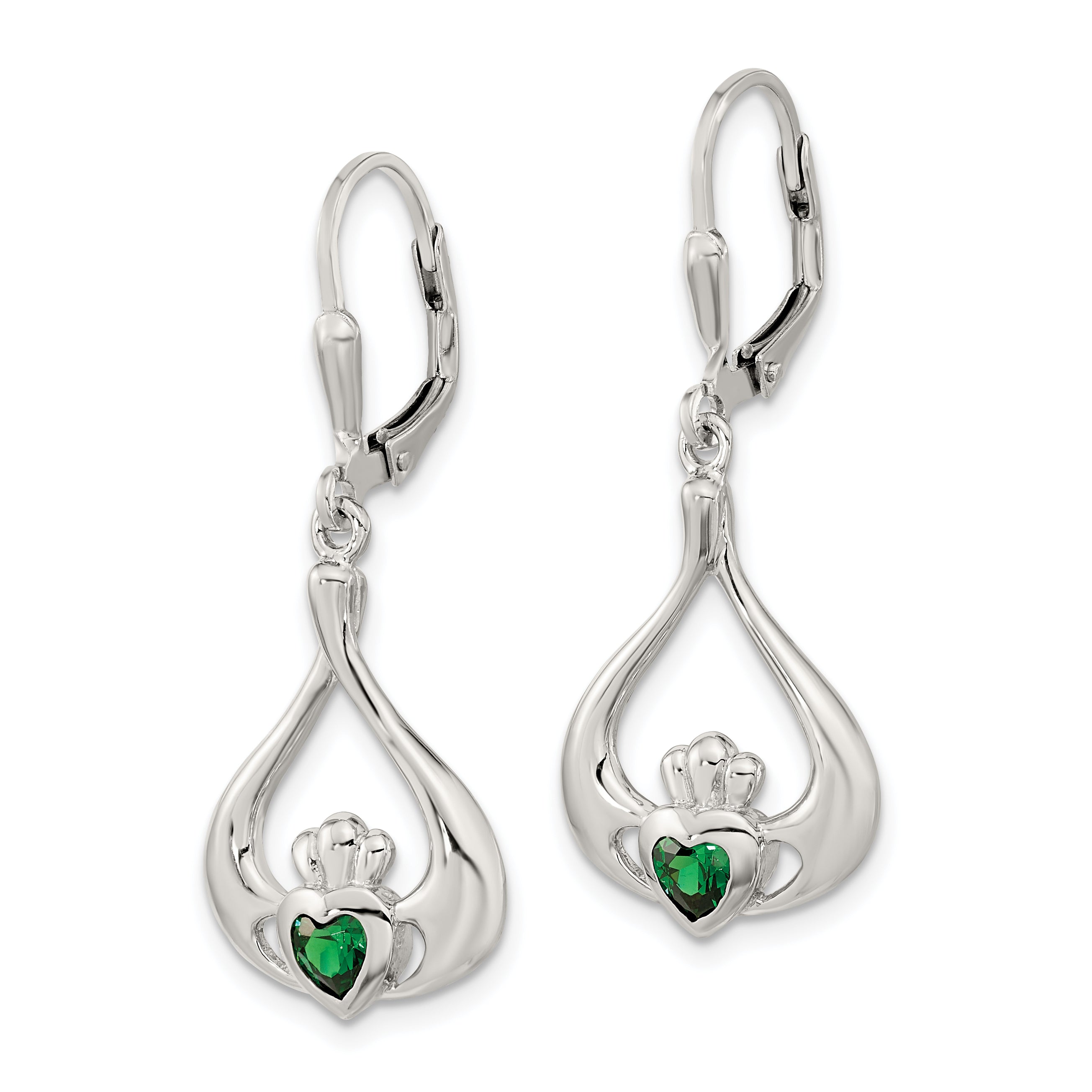 Sterling Silver Rhod-pltd Grn CZ Heart Leverback Claddagh Dangle Earrings Secondary image