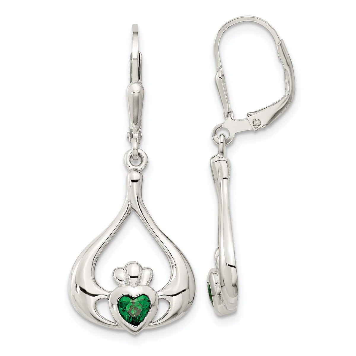Grn Cubic Zirconia Heart Claddagh Dangle Leverback Earrings in Sterling Silver - Sophia Jewelers Main image