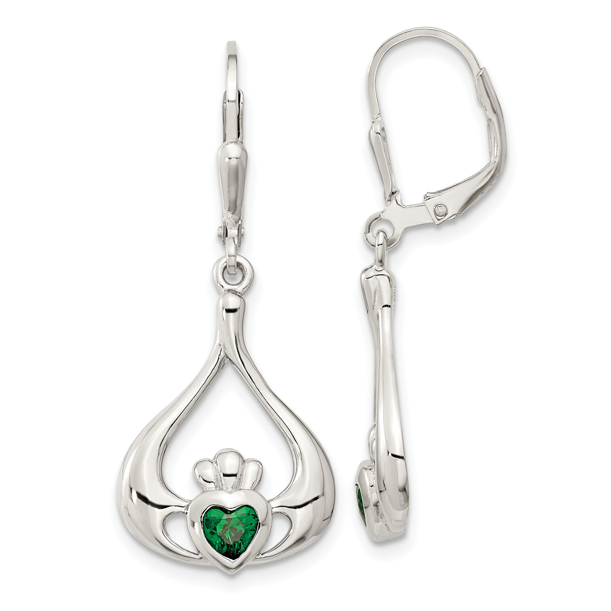 Sterling Silver Rhod-pltd Grn CZ Heart Leverback Claddagh Dangle Earrings Main image