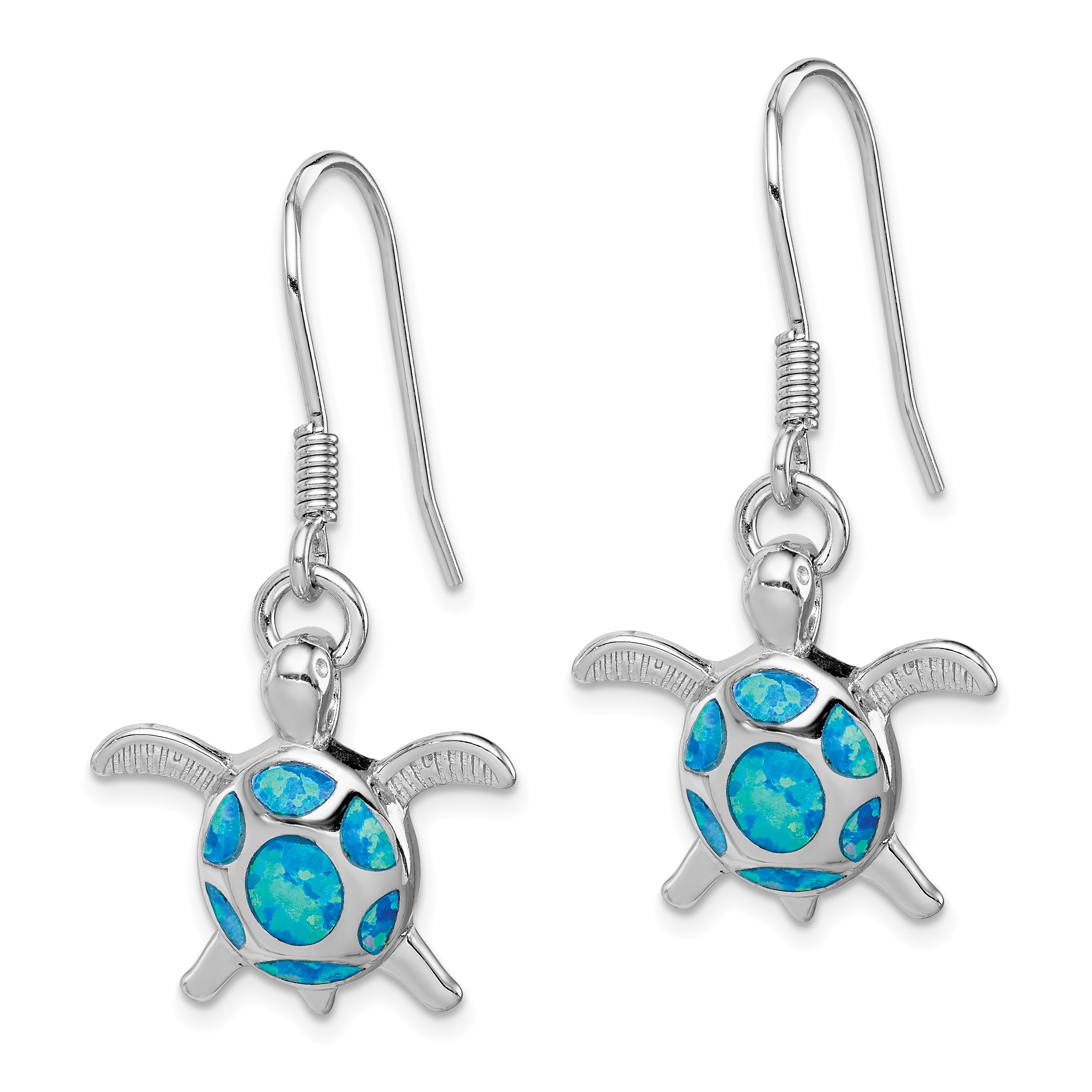 Sterling Silver Rhodium-plated Polished Created Blue Opal Turtle Shepherd Hook Earrings Secondary image