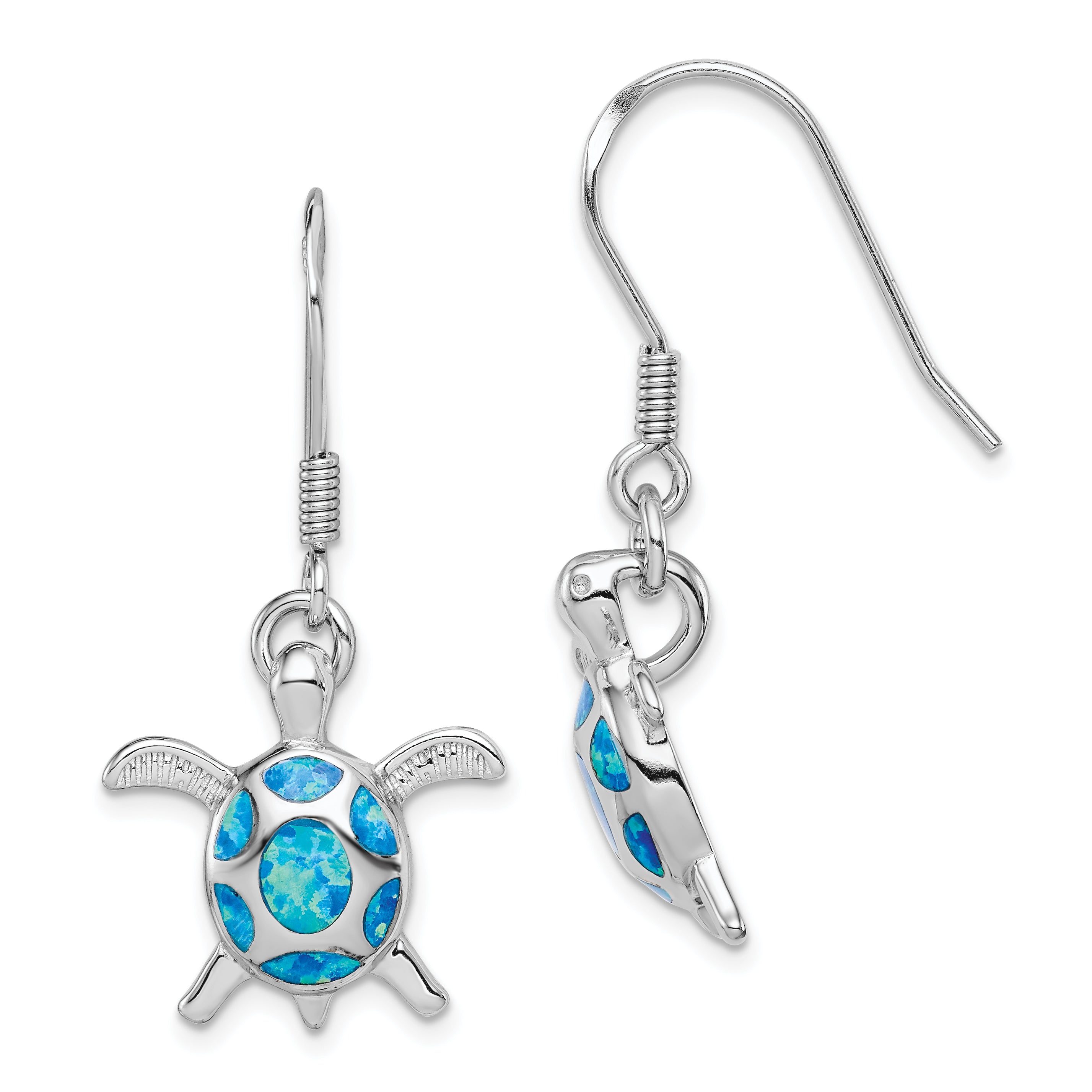 Sterling Silver Rhodium-plated Polished Created Blue Opal Turtle Shepherd Hook Earrings Main image