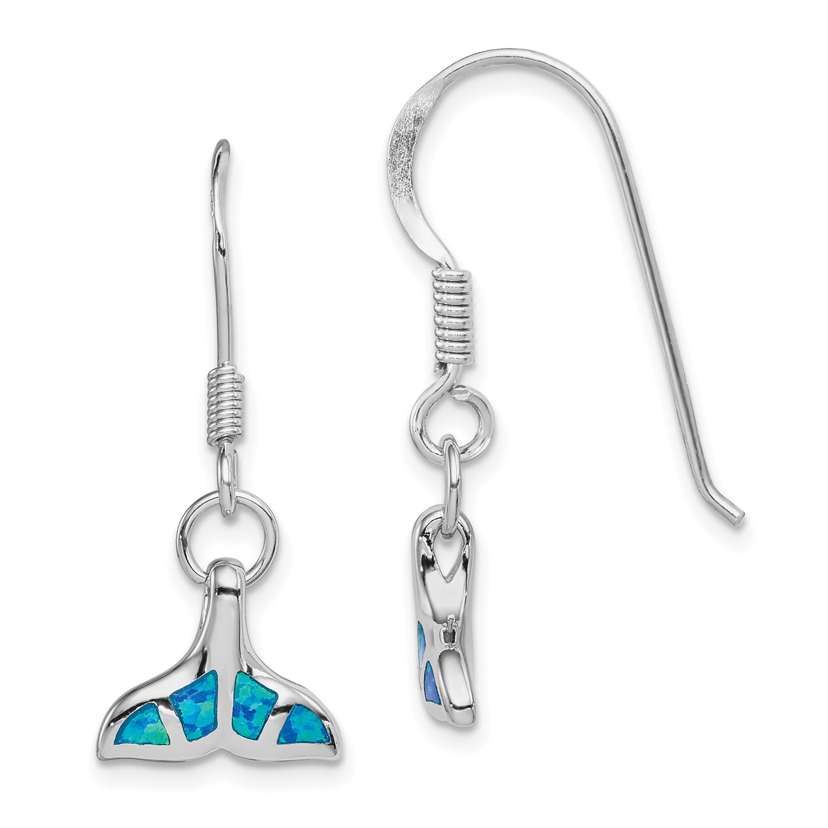 Sterling Silver Rhod Created Opal Dolphin Tail Dangle Earrings