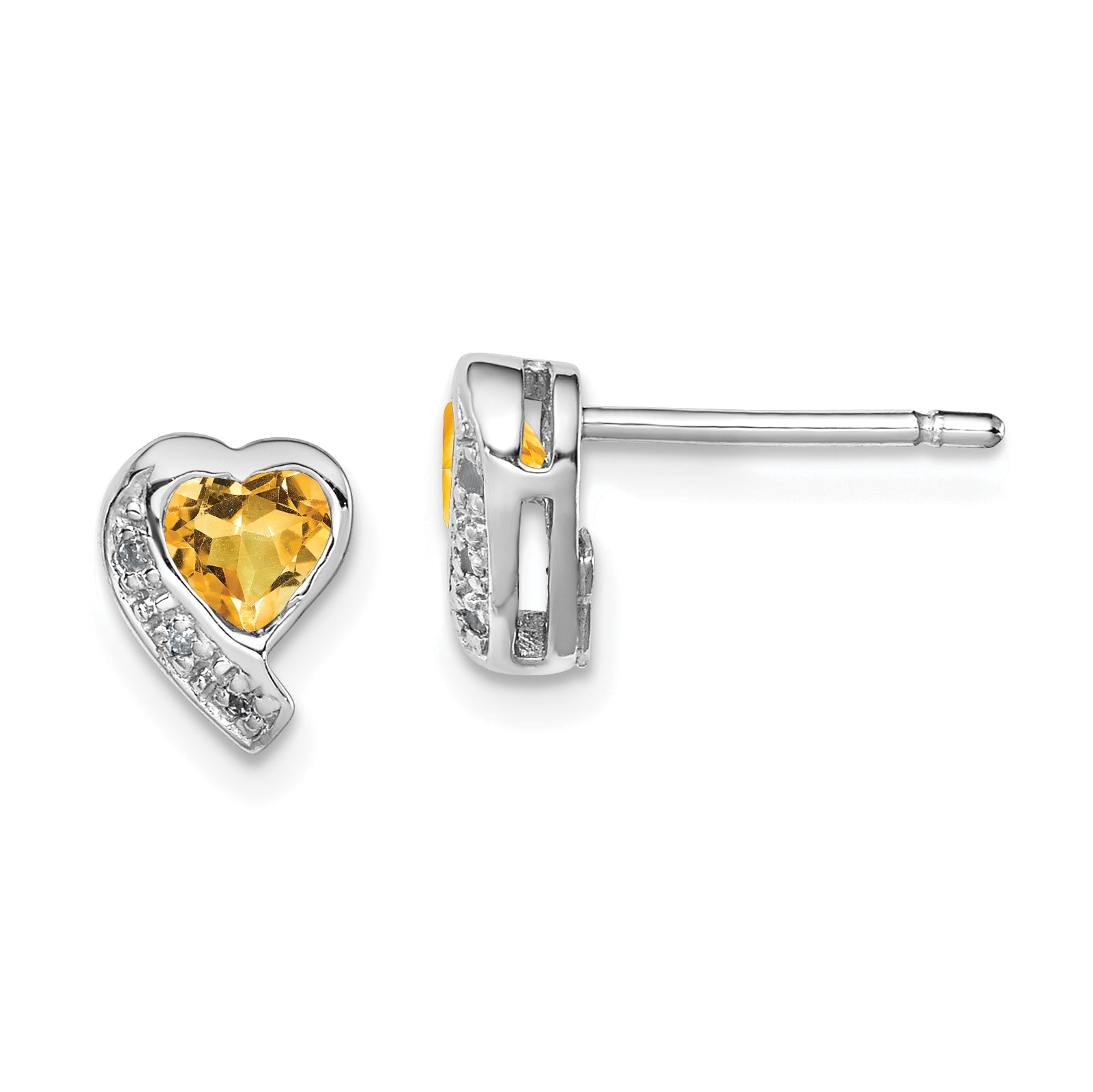 Sterling Silver Rhodium-plated Citrine and Diamond Heart Earrings Main image