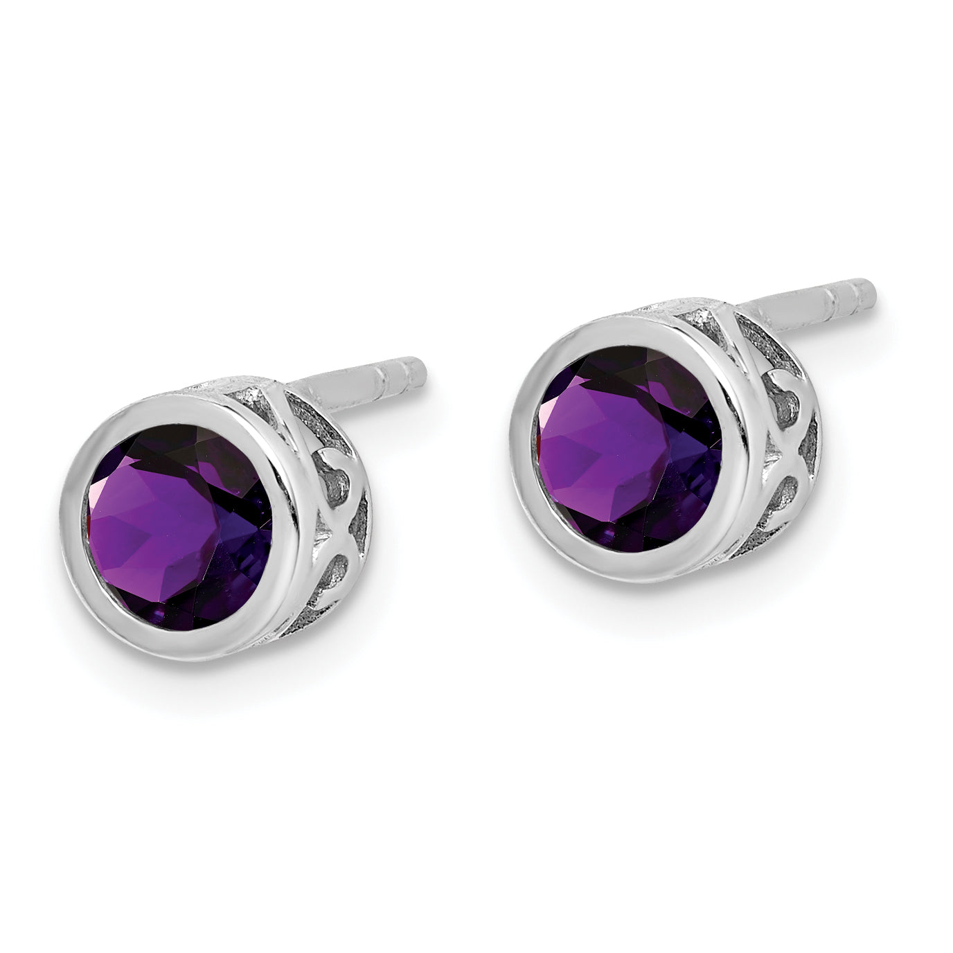 Sterling Silver Rhodium-plated Polished Amethyst Round Post Earrings Secondary image