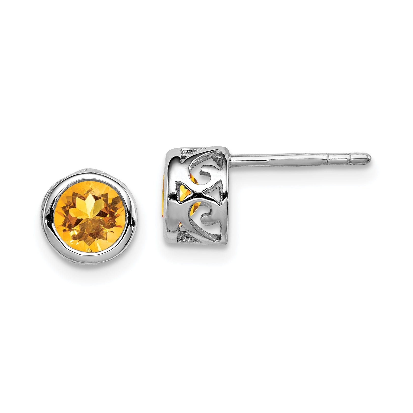 Sterling Silver Rhodium-plated Polished Citrine Round Post Earrings Main image