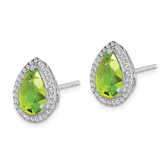 Sterling Silver Rhodium Polished Simulated Peridot & CZ Post Earrings