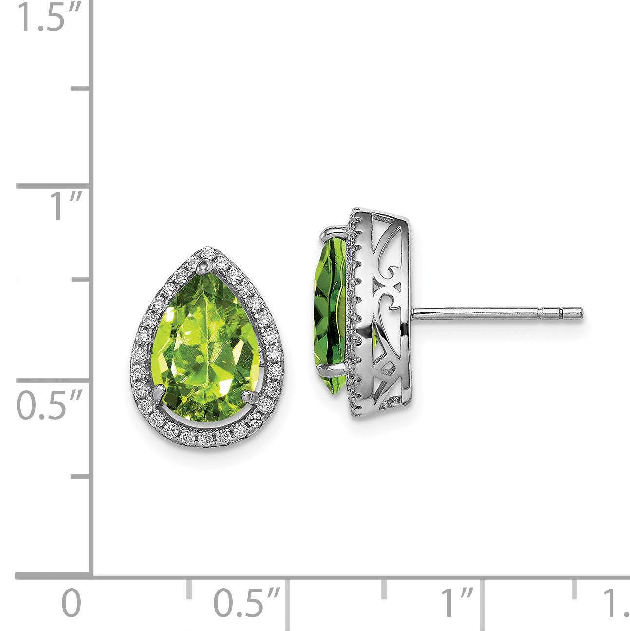 Sterling Silver Rhodium Polished Simulated Peridot & CZ Post Earrings