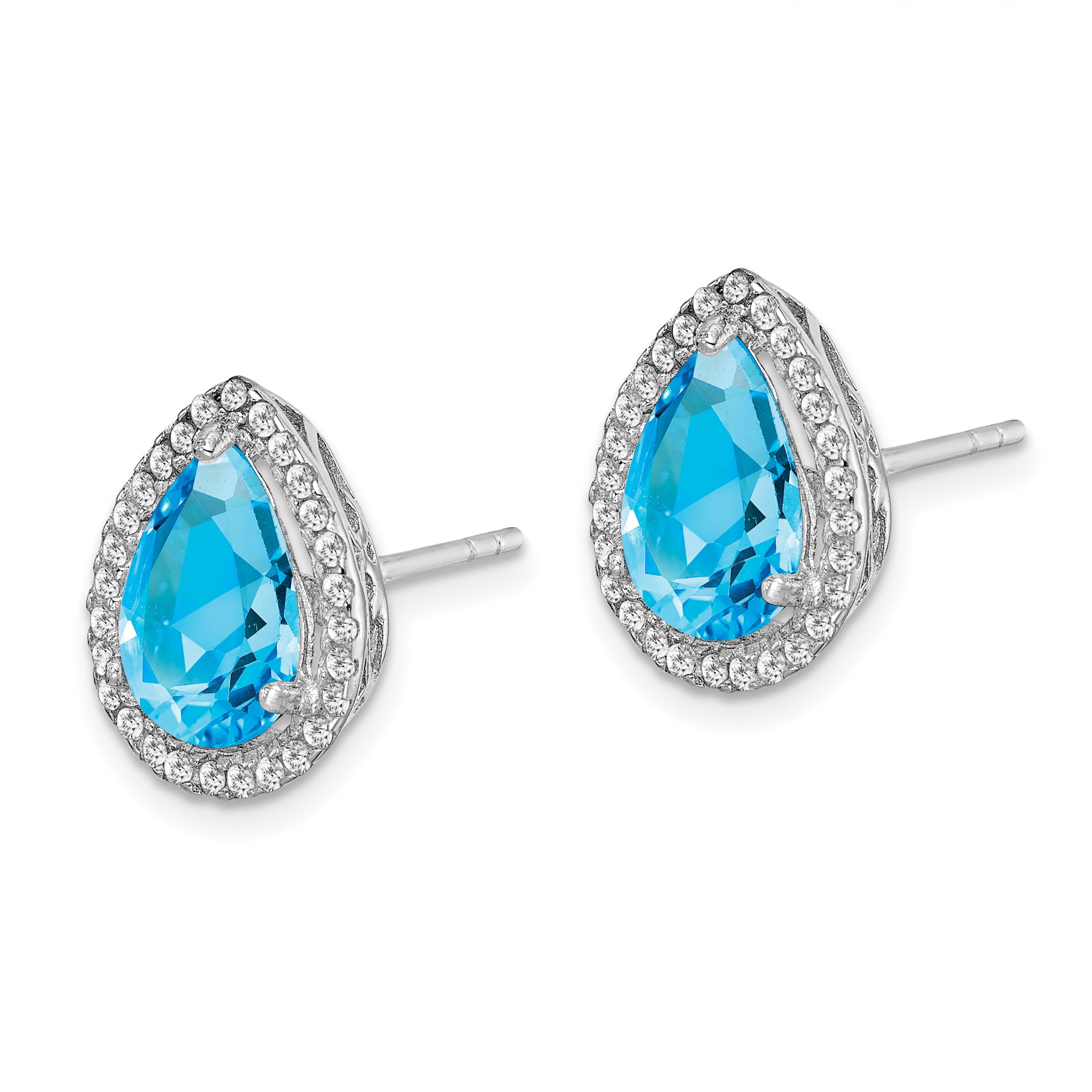 Sterling Silver Rhodium Polished Blue Topaz & CZ Post Earrings Secondary image