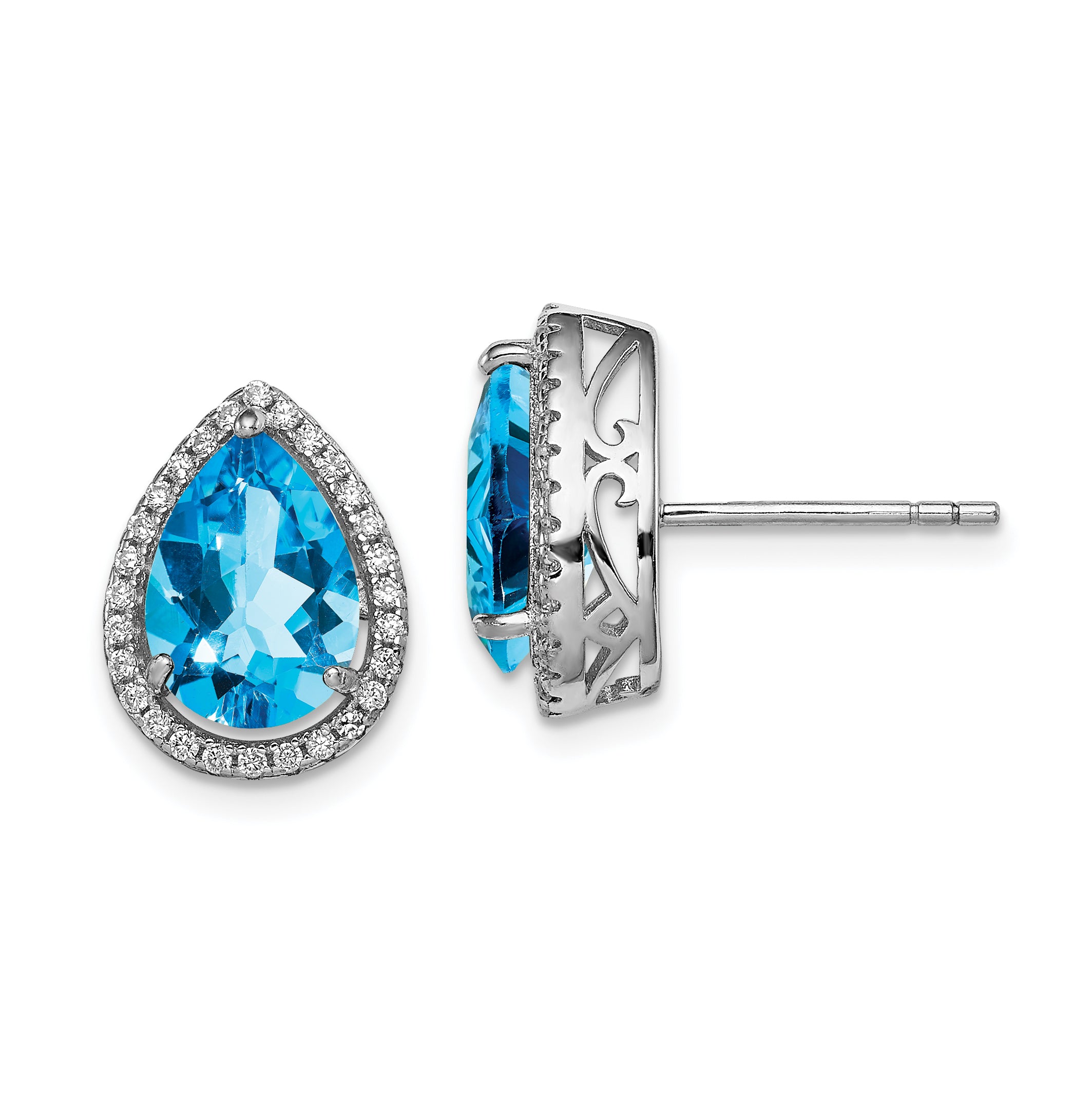 Sterling Silver Rhodium Polished Blue Topaz & CZ Post Earrings Main image
