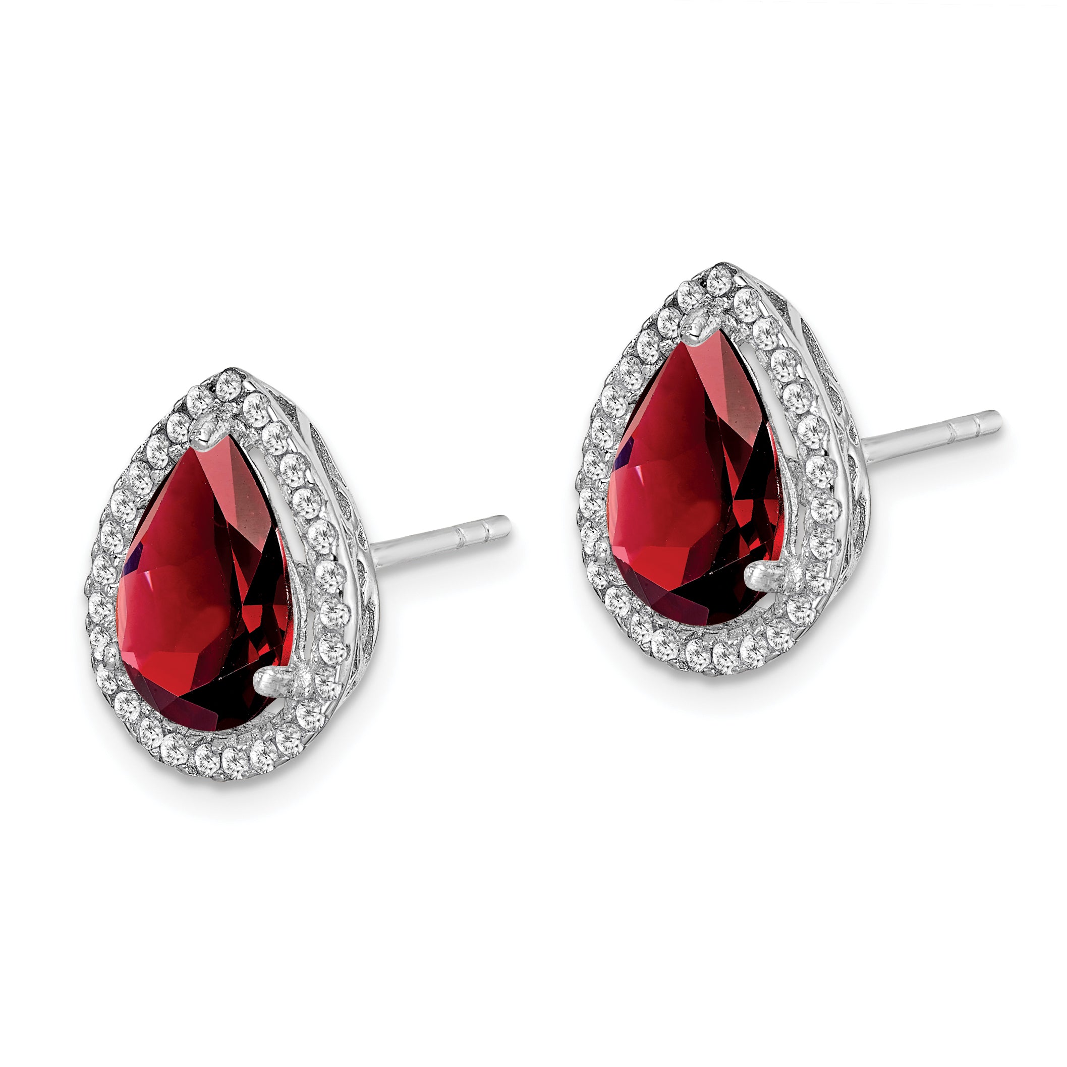 Sterling Silver Rhodium Polished Garnet & CZ Post Earrings Secondary image