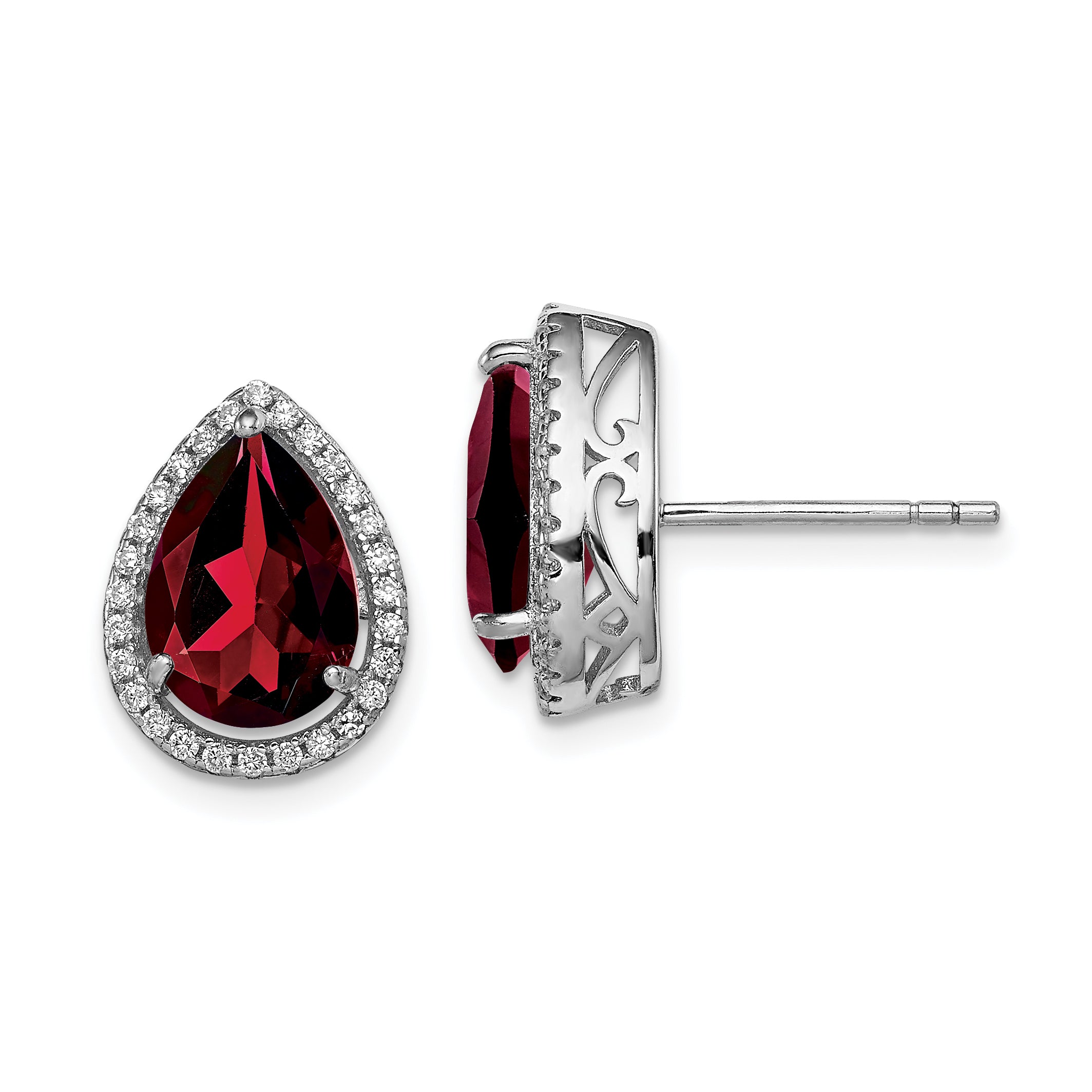 Sterling Silver Rhodium Polished Garnet & CZ Post Earrings Main image