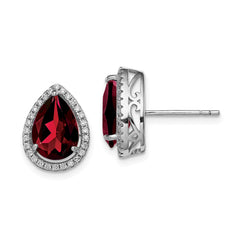 Sterling Silver Rhodium Polished Garnet & CZ Post Earrings
