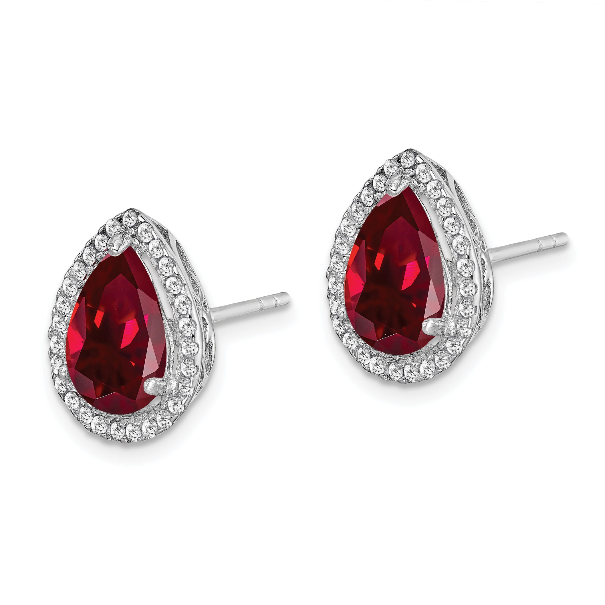 Sterling Silver Rhodium Polished Clear CZ and Lab Created Ruby Pear Post Earrings