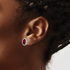 Sterling Silver Rhodium Polished Clear CZ and Lab Created Ruby Pear Post Earrings