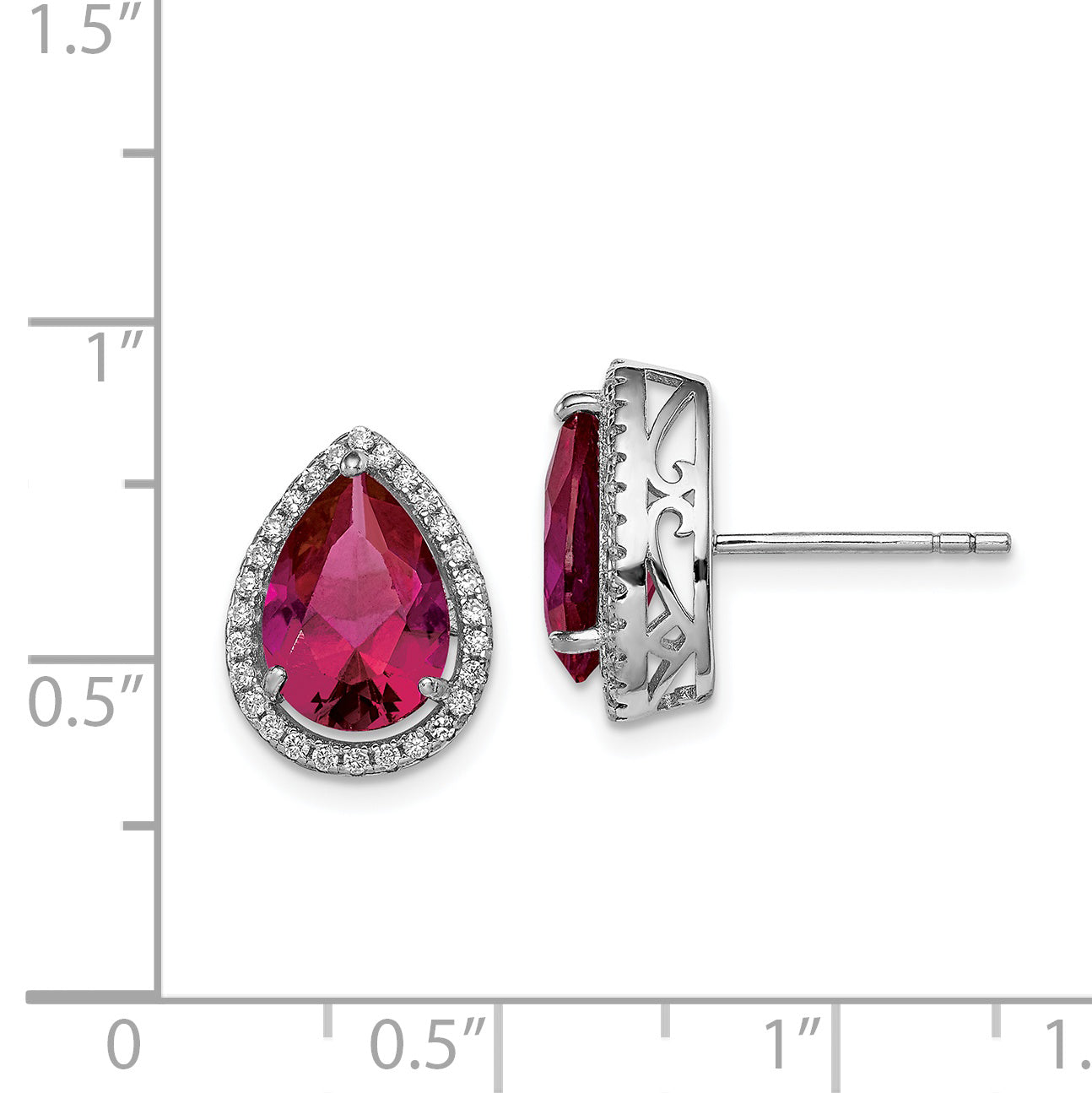 Sterling Silver Rhodium Polished Clear CZ and Lab Created Ruby Pear Post Earrings