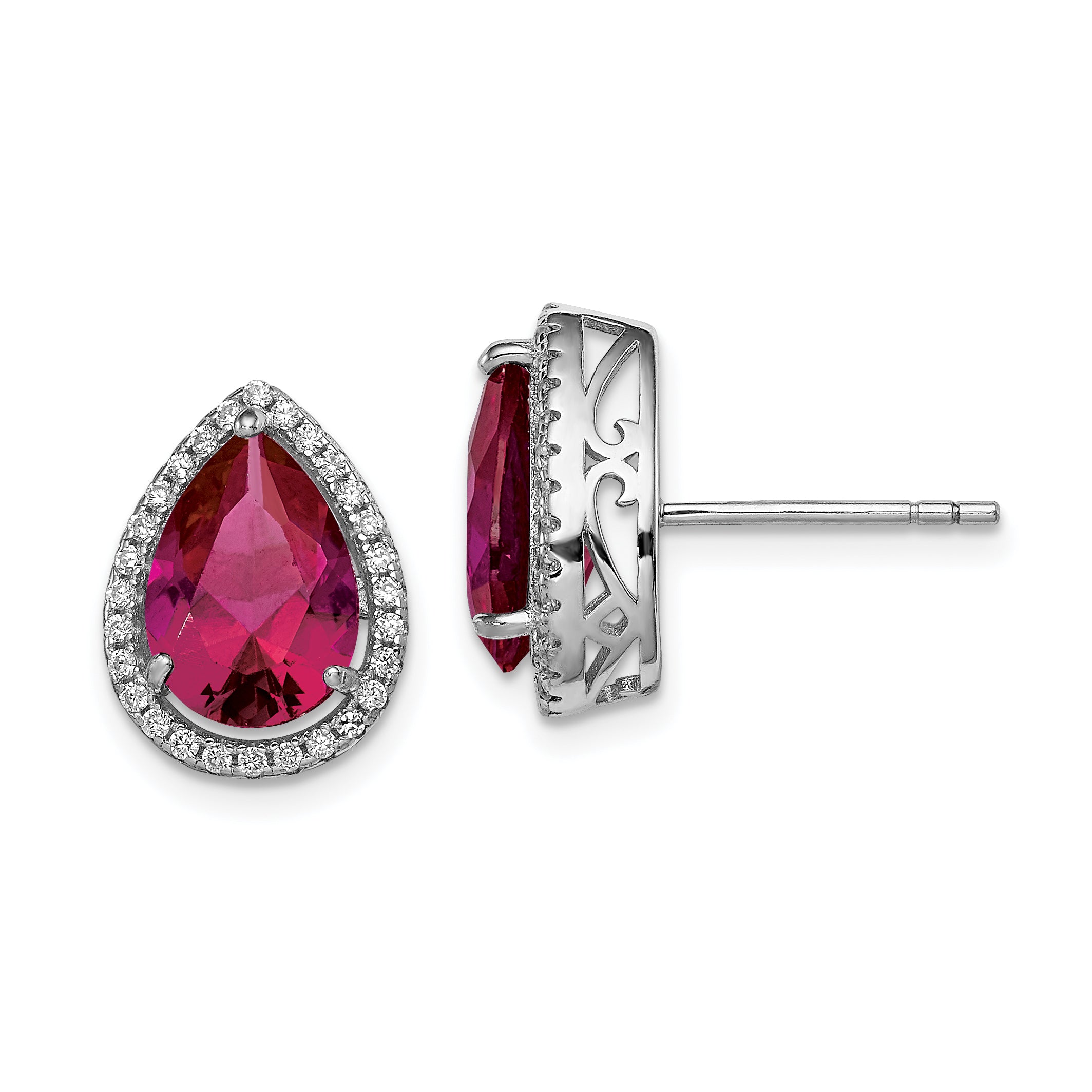 Sterling Silver Rhodium Polished Clear CZ and Lab Created Ruby Pear Post Earrings Main image