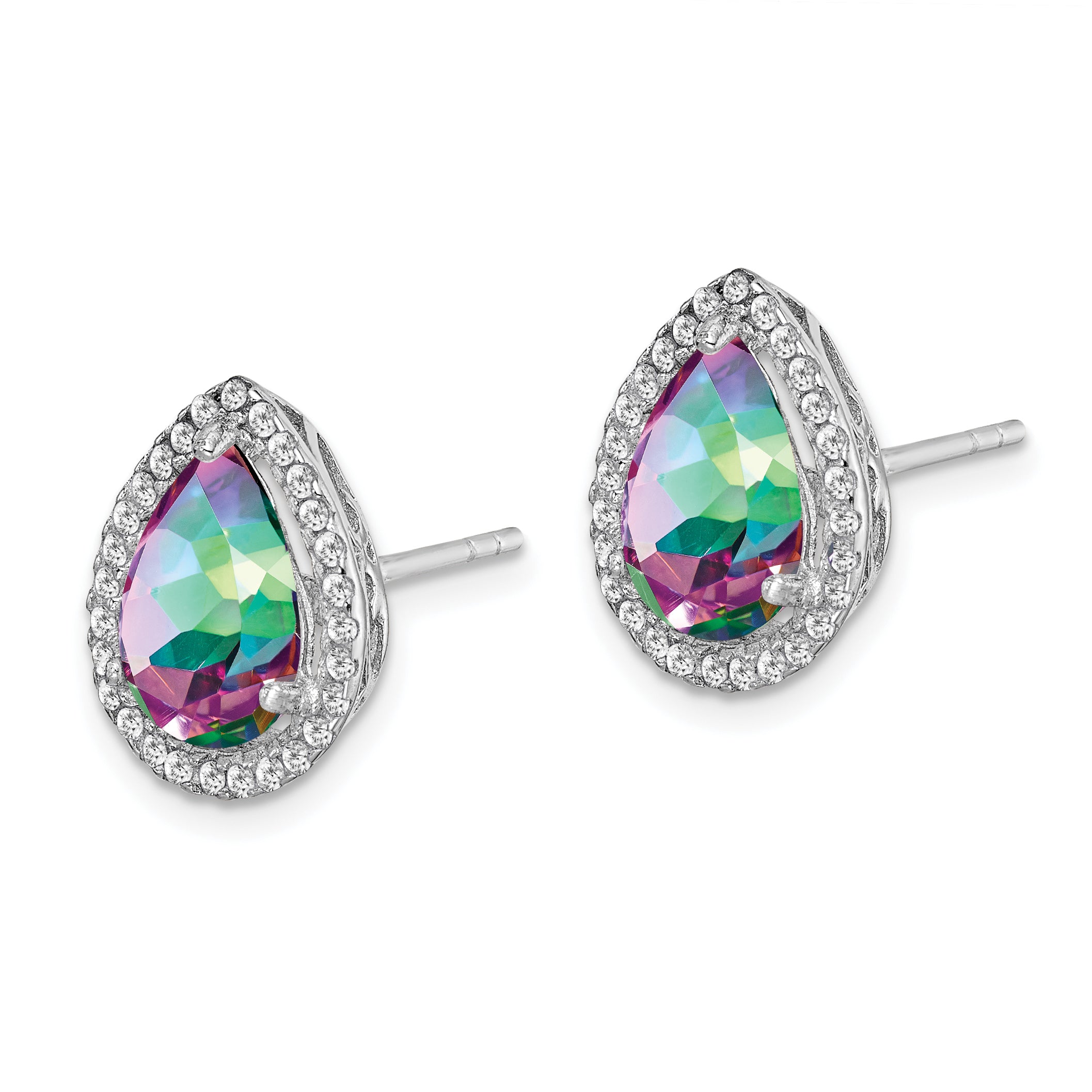 Sterling Silver Rhodium Polished Mystic Topaz & CZ Post Earrings