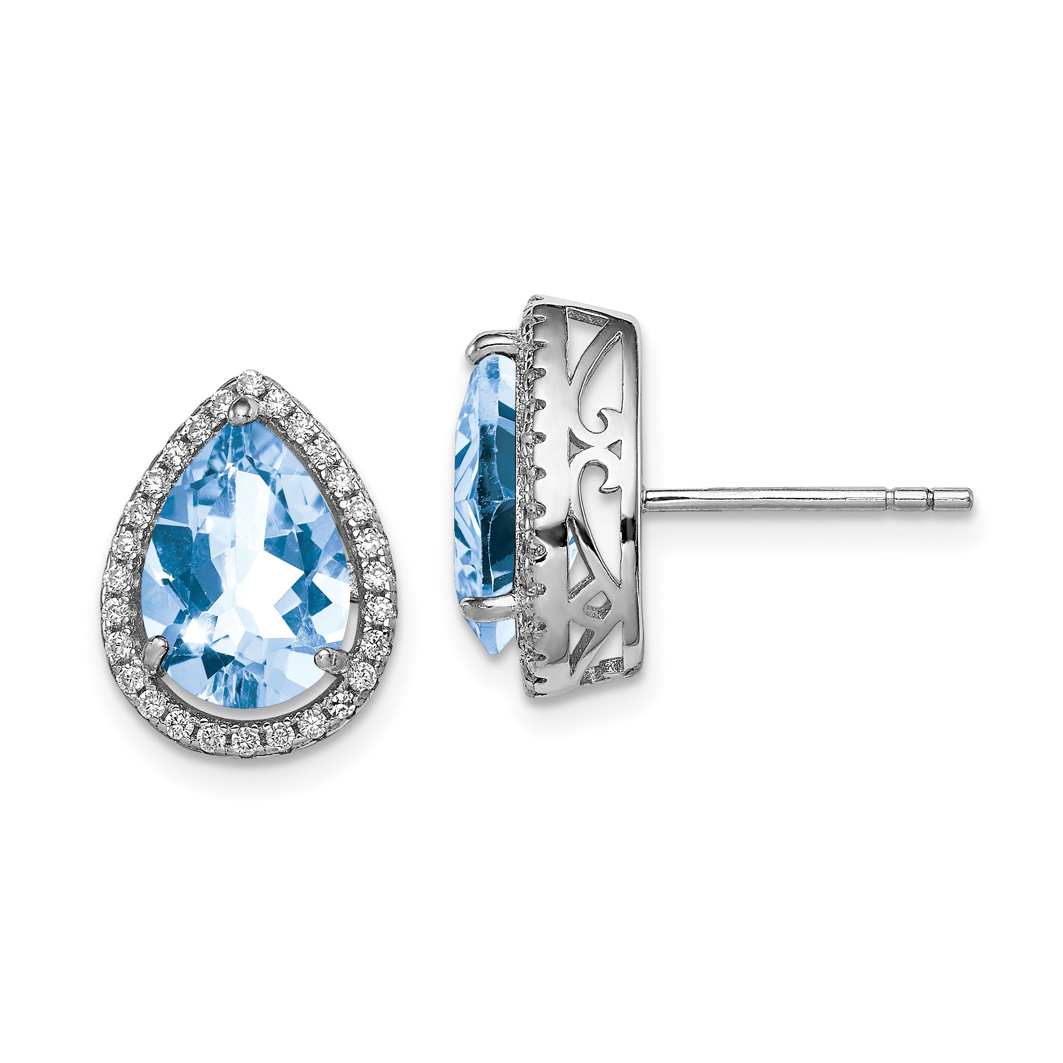 Sterling Silver Rhodium Created Aquamarine & CZ Post Earrings Main image