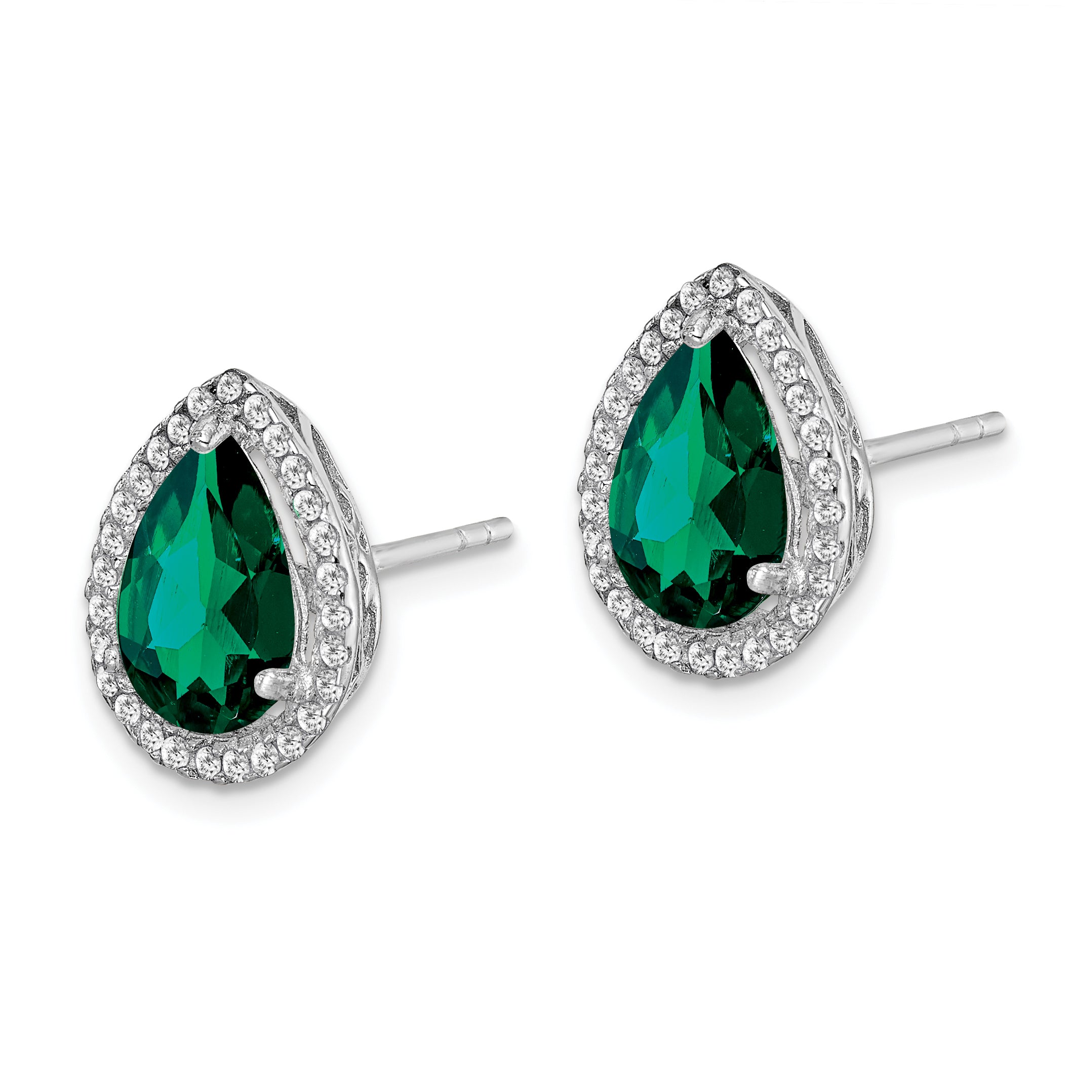 Sterling Silver Rhodium Simulated Emerald & CZ Post Earrings Secondary image