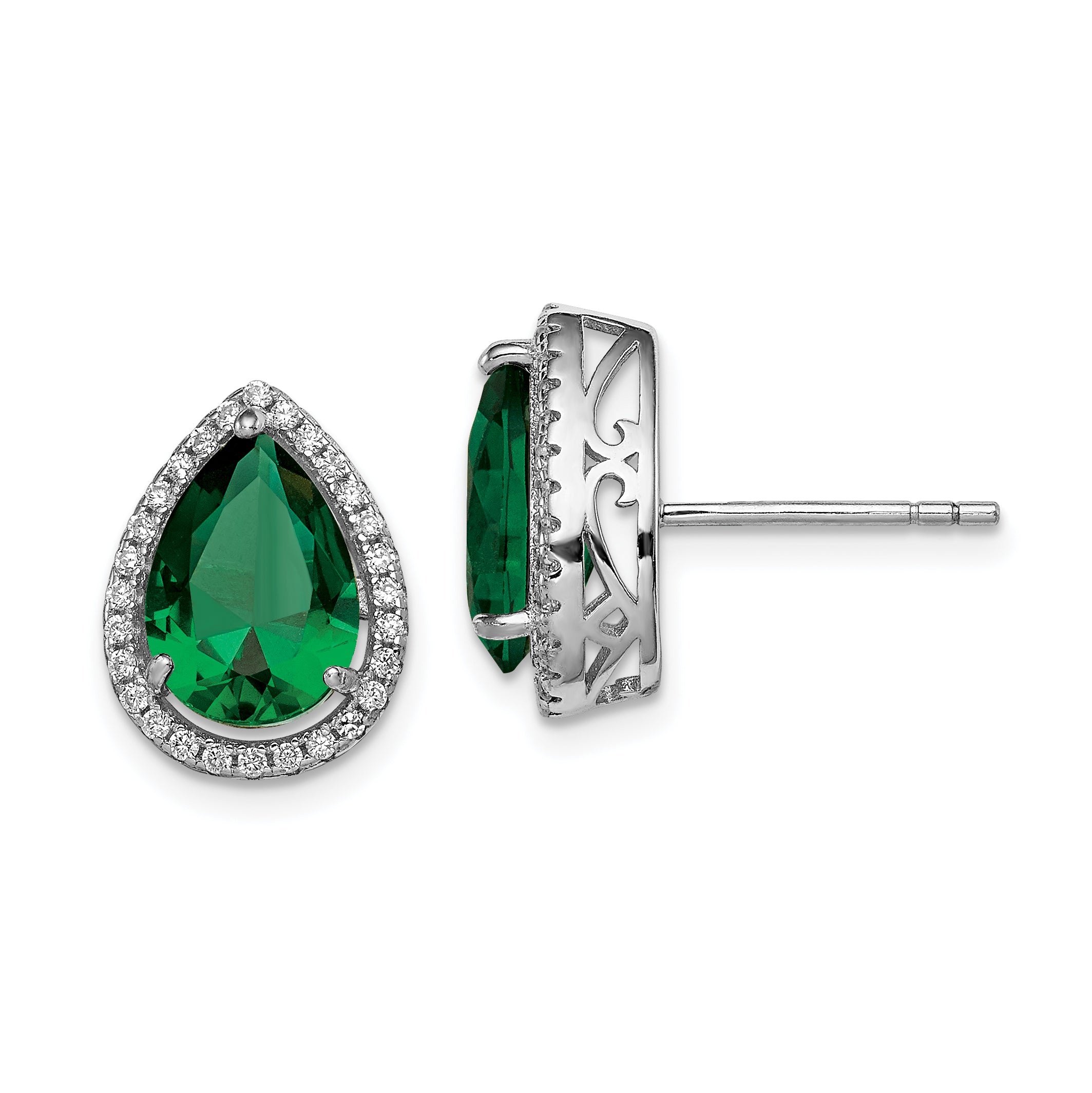 Sterling Silver Rhodium Simulated Emerald & CZ Post Earrings Main image
