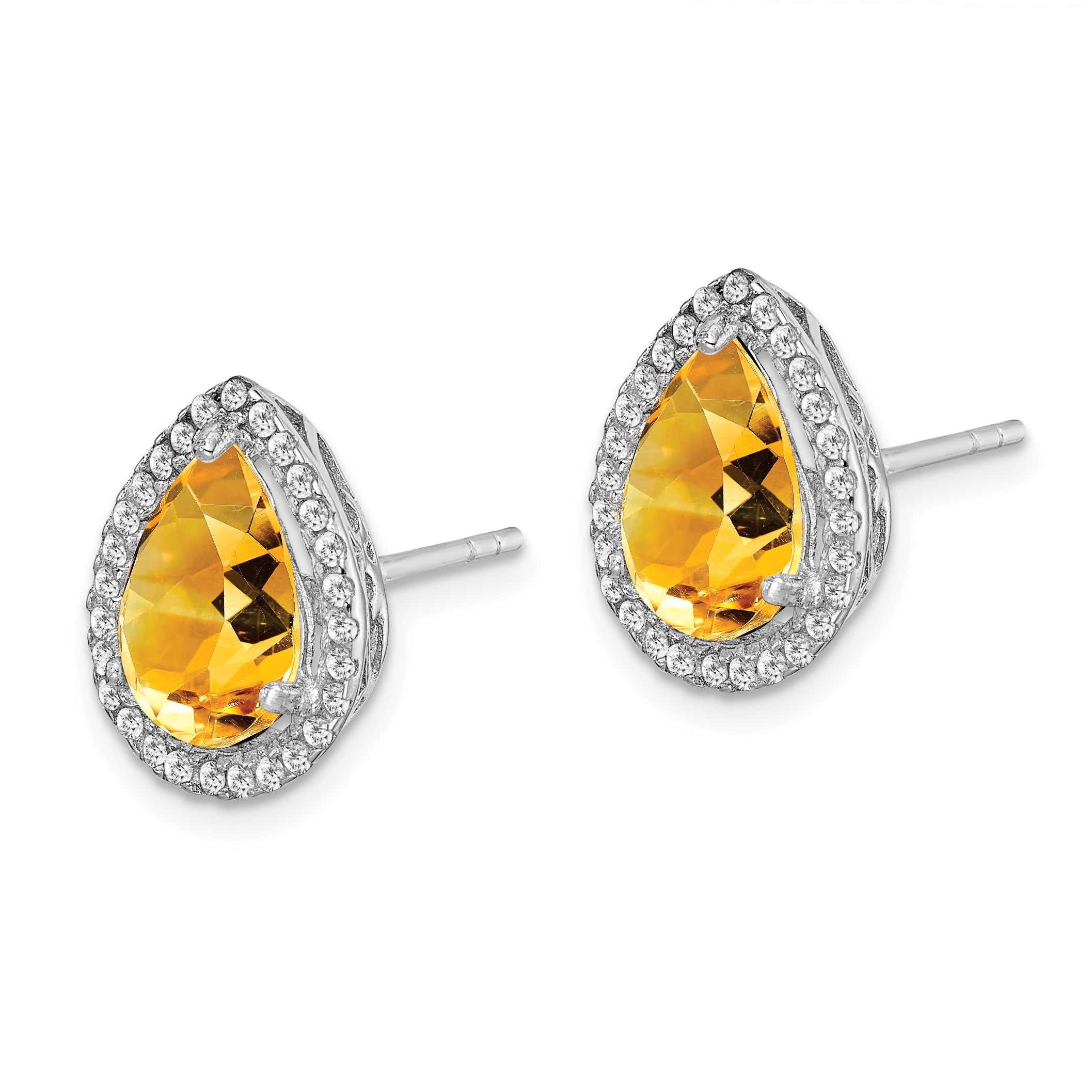 Sterling Silver Rhodium Polished Citrine & CZ Post Earrings Secondary image