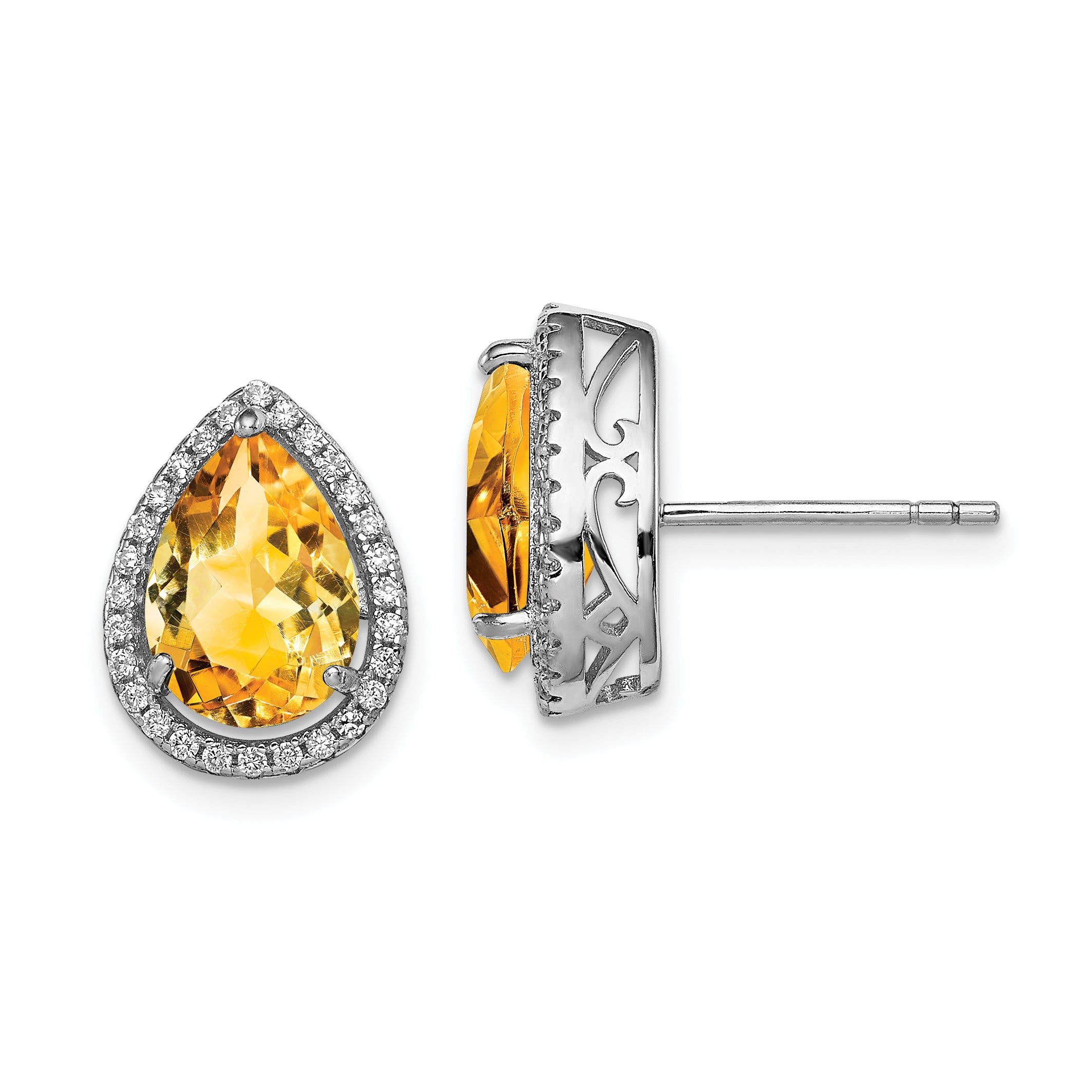 Sterling Silver Rhodium Polished Citrine & CZ Post Earrings Main image