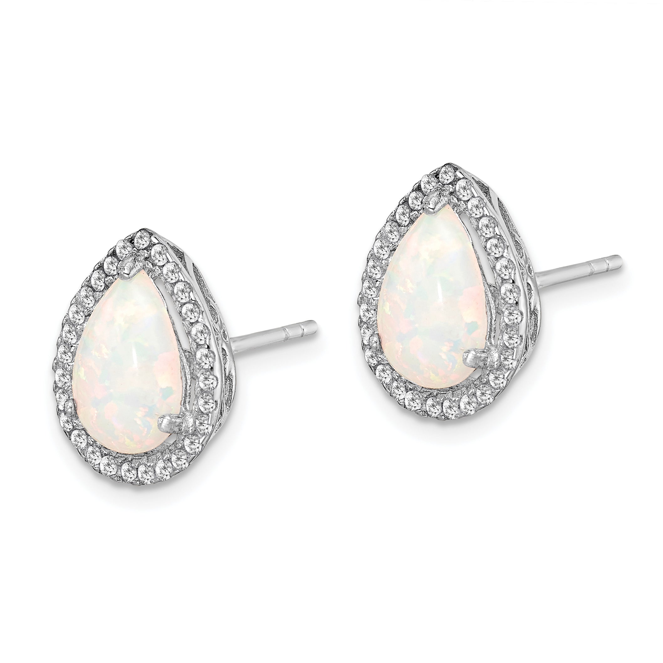 Sterling Silver Rhodium Polished Simulated Opal & CZ Post Earrings