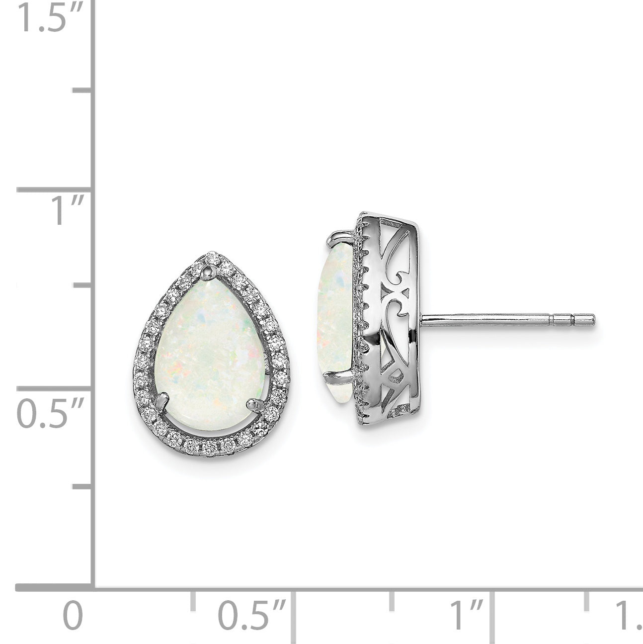 Sterling Silver Rhodium Polished Simulated Opal & CZ Post Earrings
