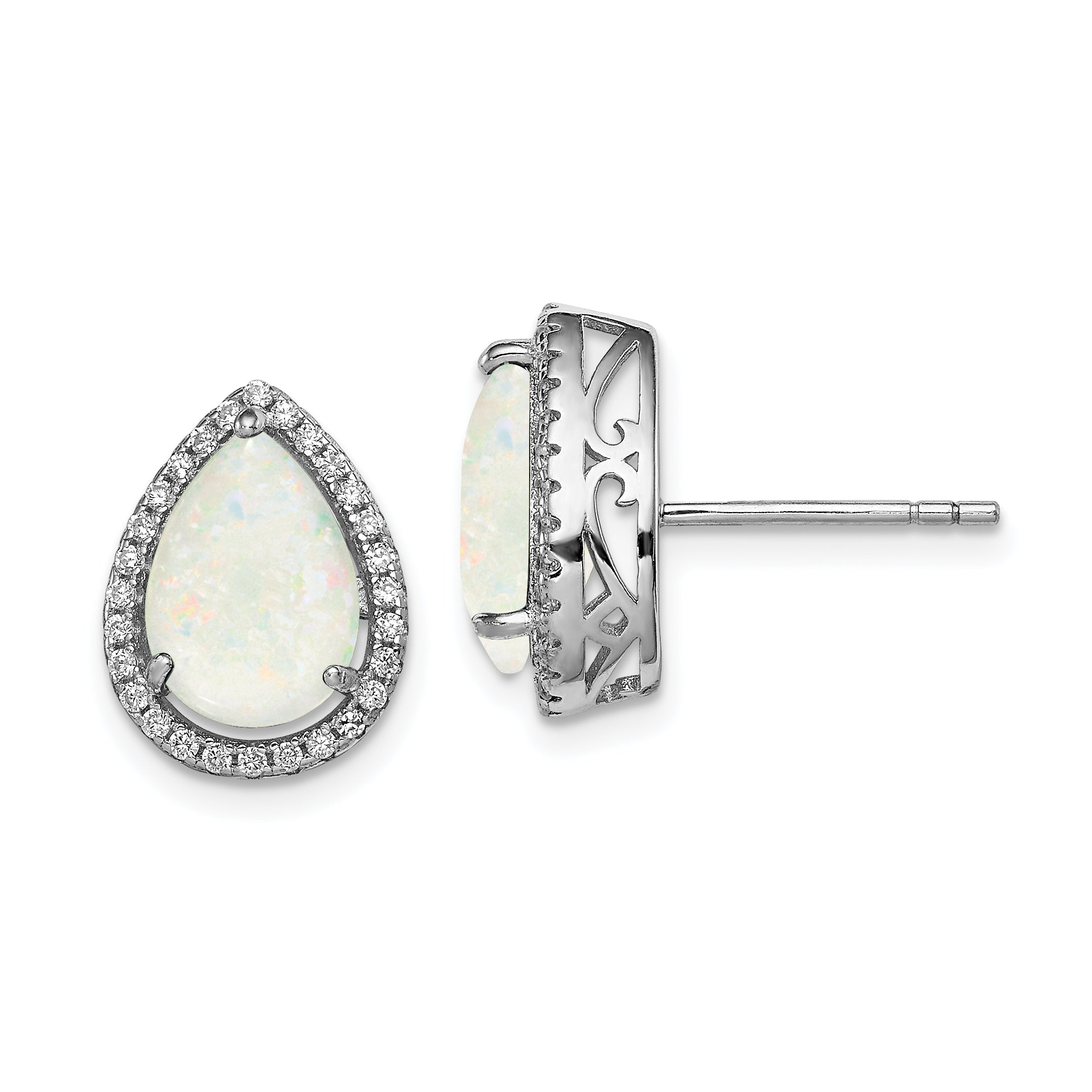 Sterling Silver Rhodium Polished Simulated Opal & CZ Post Earrings Main image
