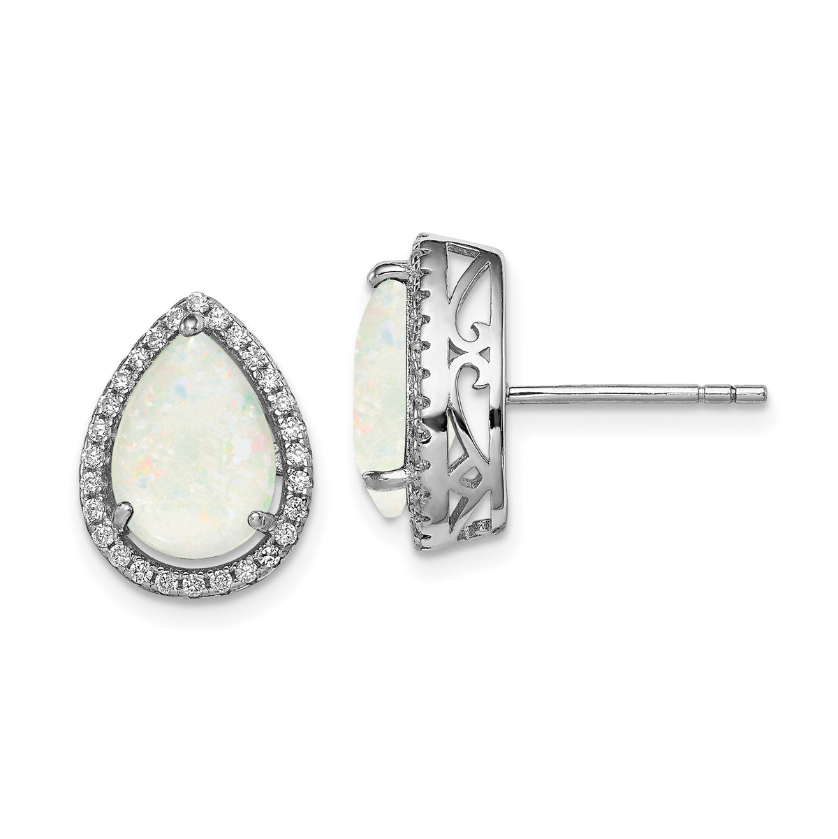 Sterling Silver Rhodium Polished Simulated Opal & CZ Post Earrings