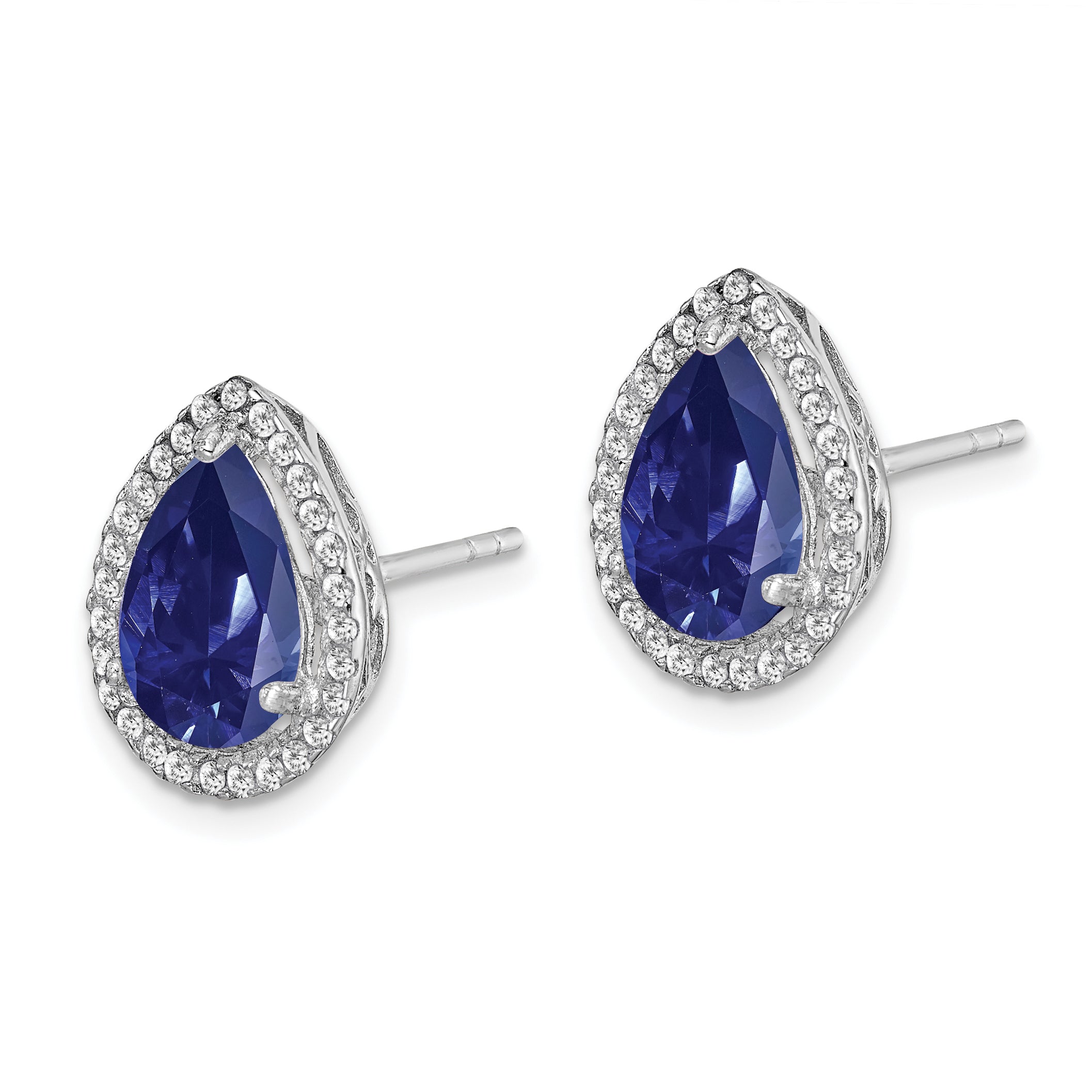 Sterling Silver Rhodium Created Sapphire & CZ Post Earrings Secondary image