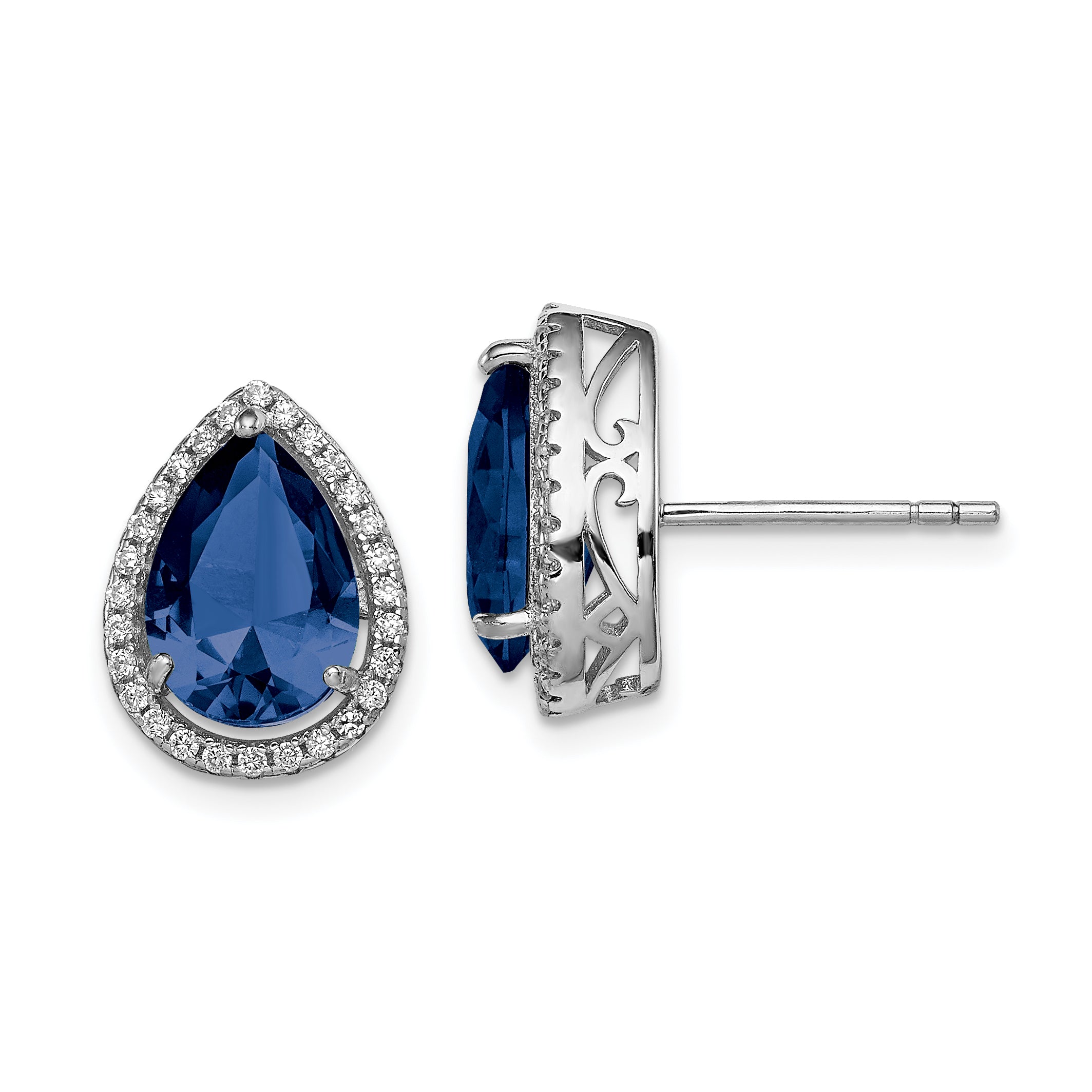 Sterling Silver Rhodium Created Sapphire & CZ Post Earrings Main image