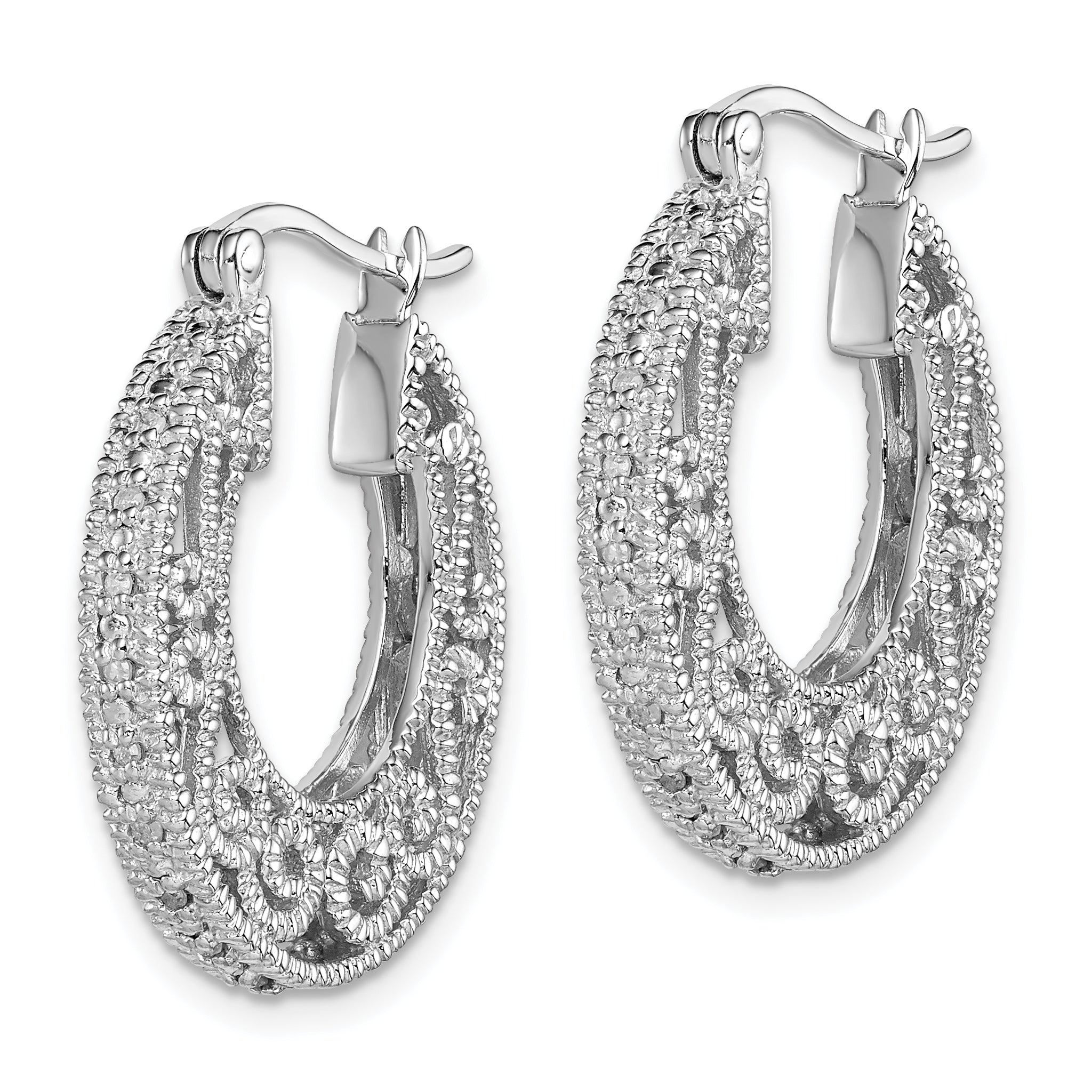 Sterling Silver Rhodium with Diam. Hinged Hoop Earrings Secondary image