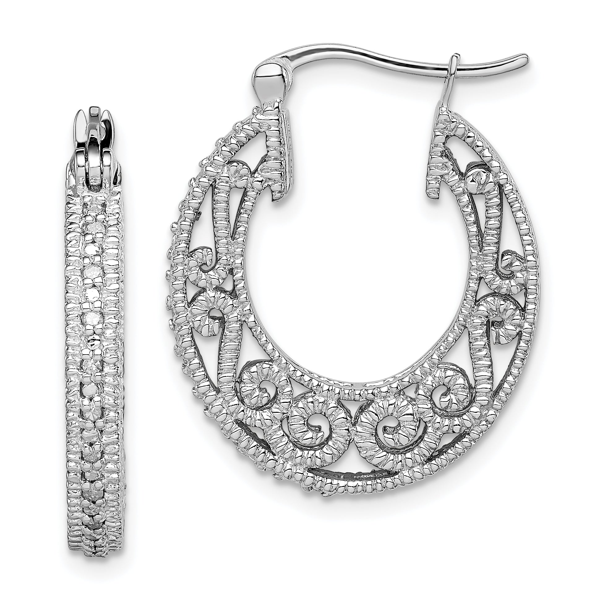 Sterling Silver Rhodium with Diam. Hinged Hoop Earrings Main image