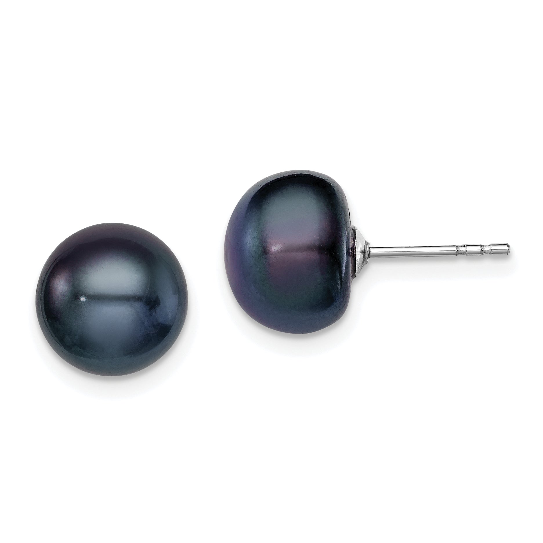 Sterling Silver Rh-plated 9-10mm Black FWC Button Pearl Earrings Main image