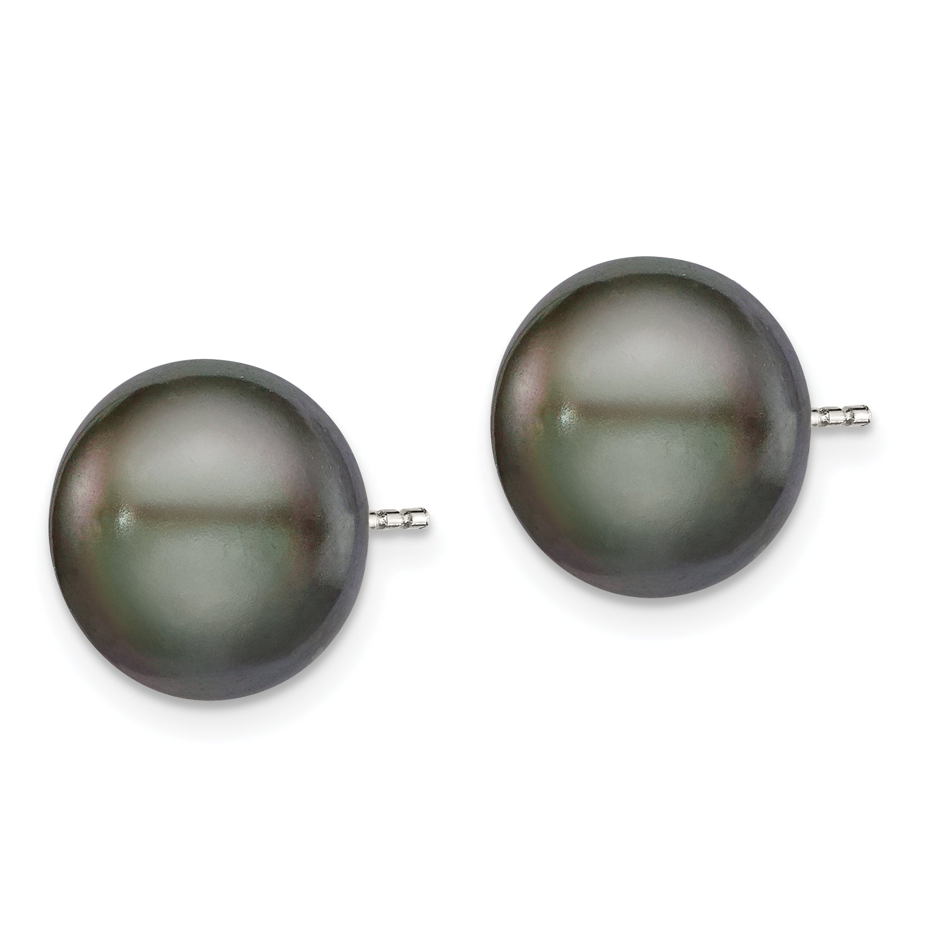 Sterling Silver Rh-plated 11-12mm Black FWC Button Pearl Earrings Secondary image