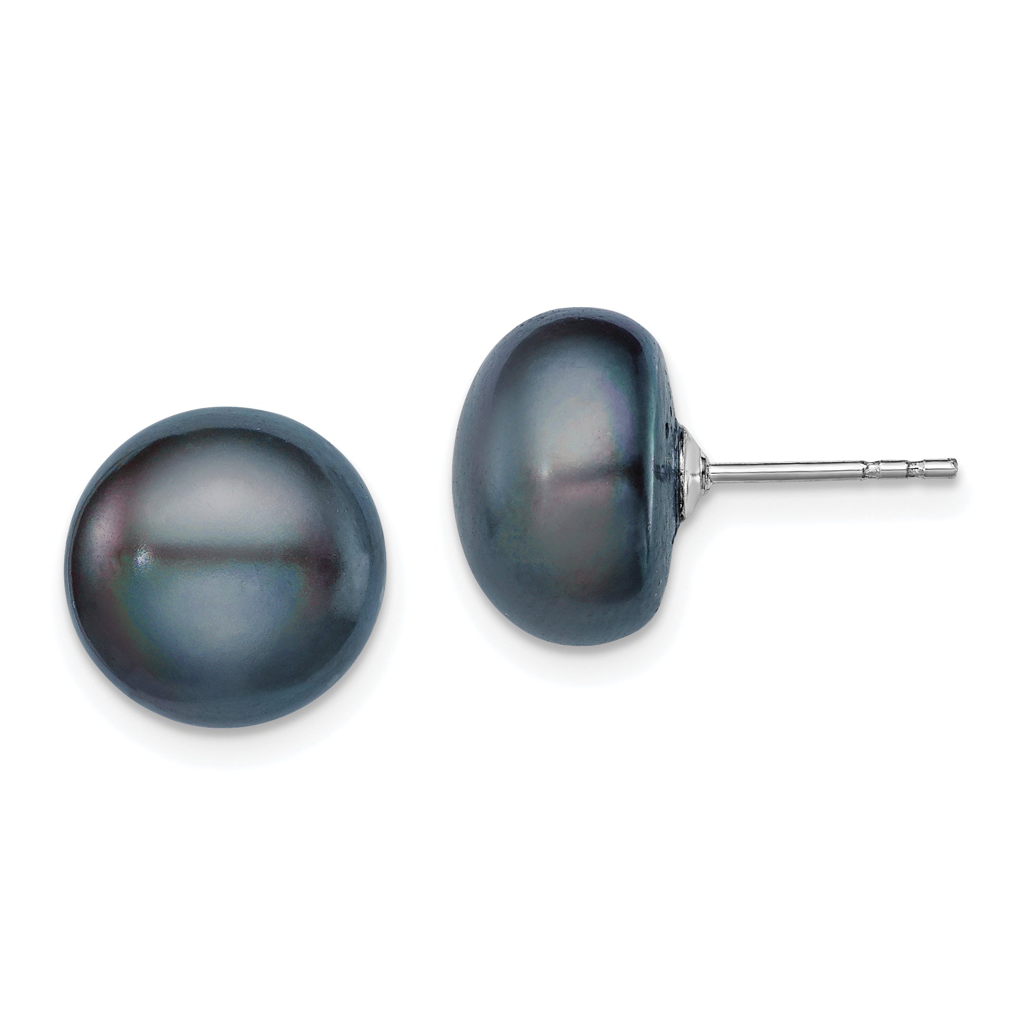 Sterling Silver Rh-plated 11-12mm Black FWC Button Pearl Earrings Main image