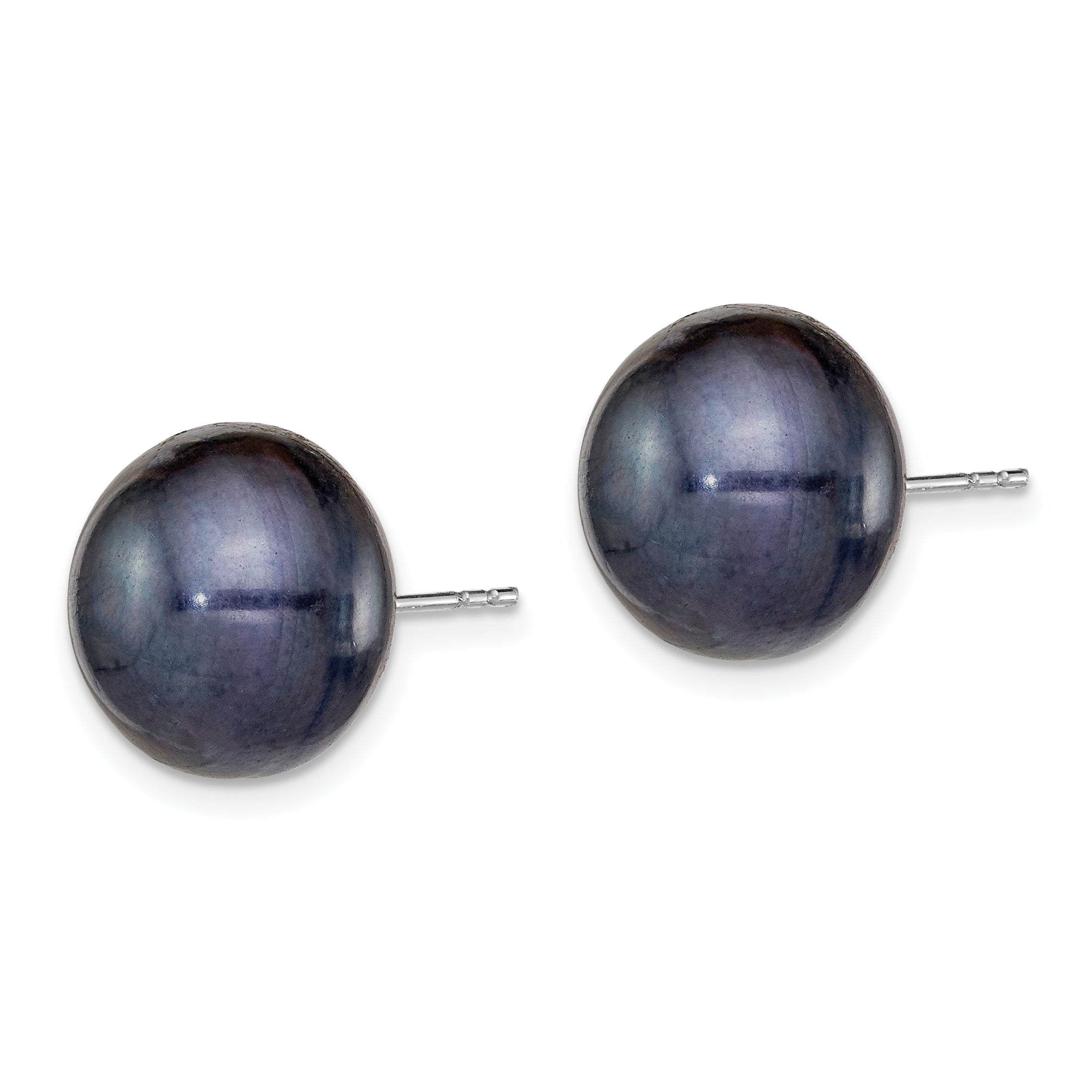 Sterling Silver Rh-plated 12-13mm Black FWC Button Pearl Earrings Secondary image
